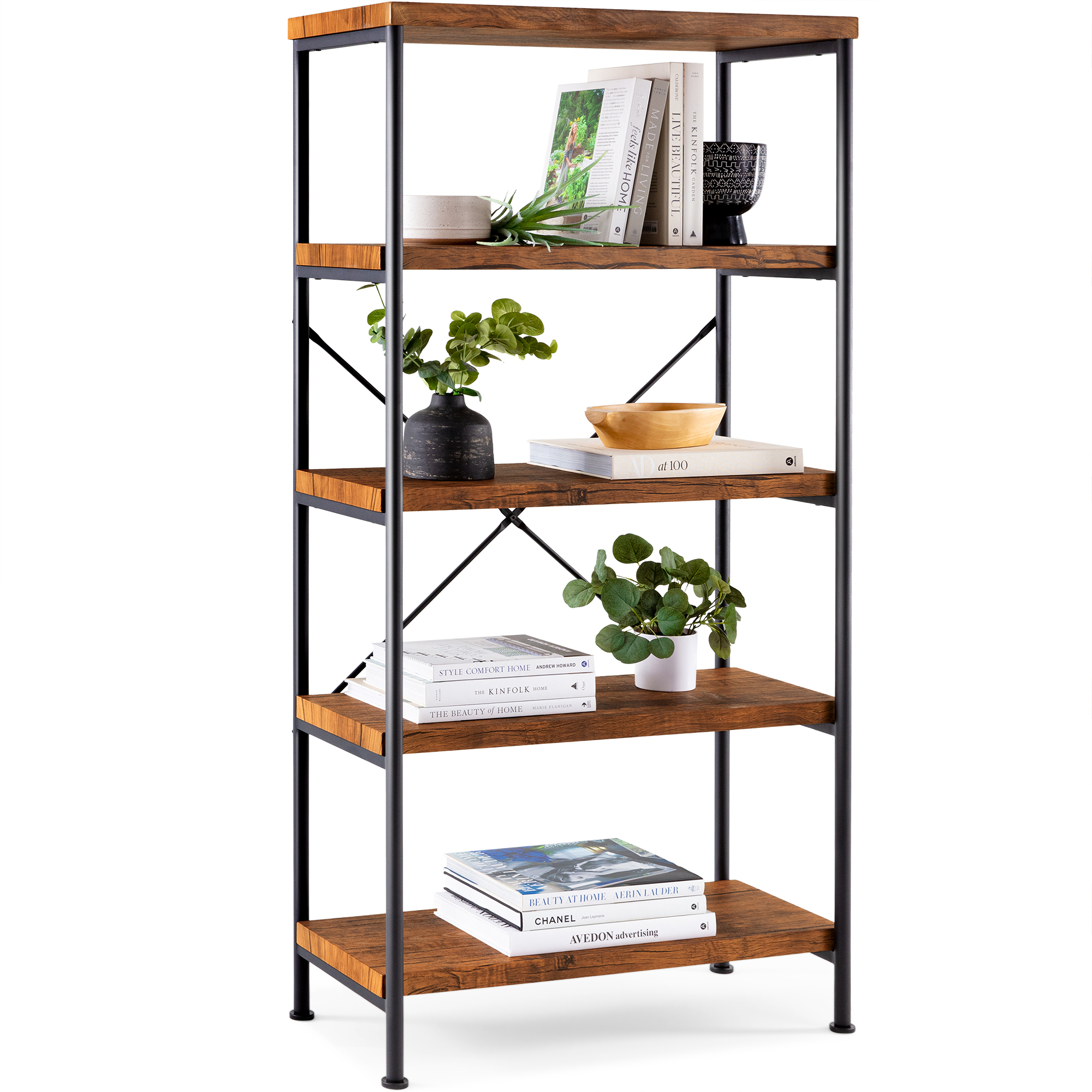 5-Tier Bookshelf Display, Rustic Industrial Accent Décor w/ Metal Frame, Wood Shelves - Brown | Best Choice Products Online