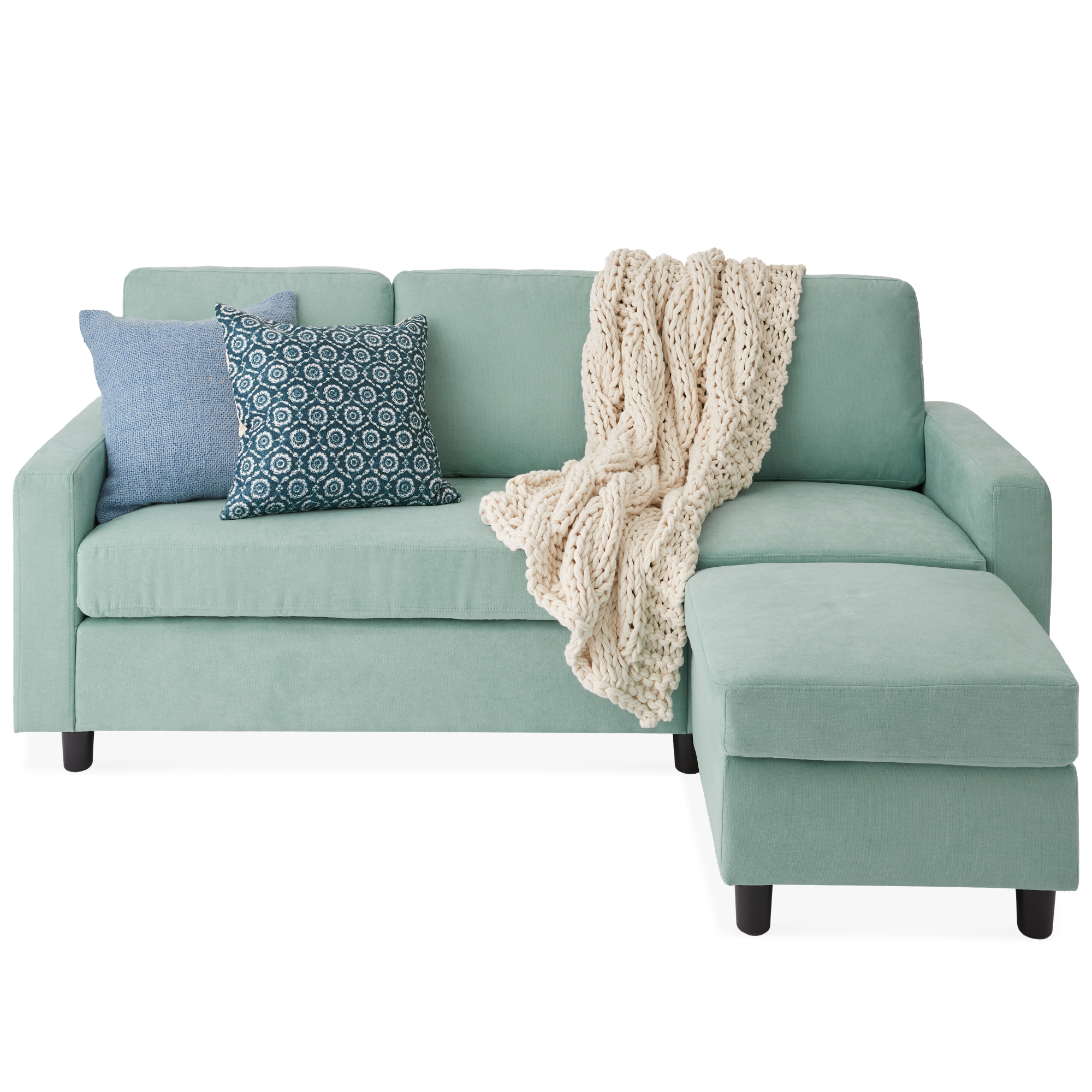 Upholstered Sectional Sofa Couch w/ Chaise Lounge, 3-Seat Design, Ottoman Bench - Aqua - Best Choice Products Online