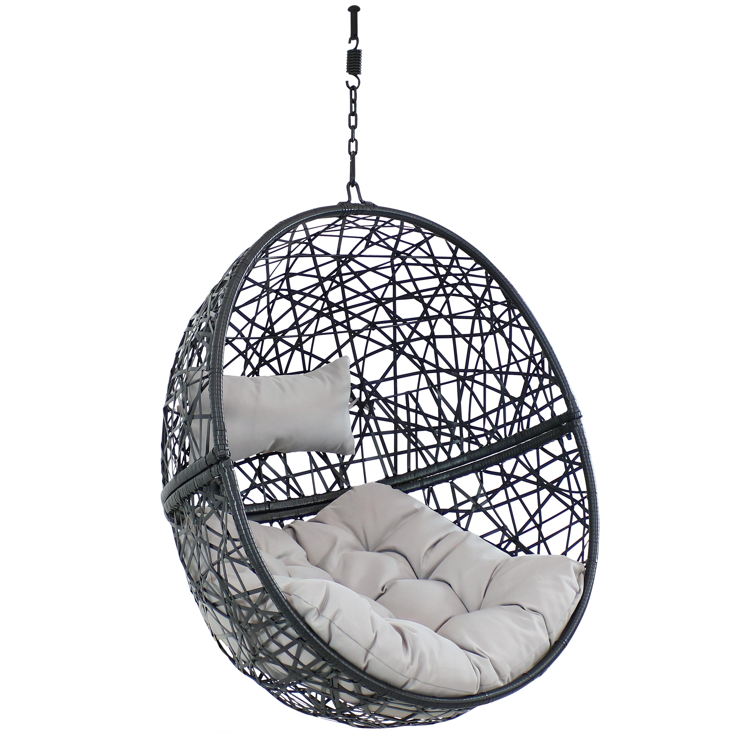 Sunnydaze Jackson Hanging Egg Chair - Resin Wicker - Gray Cushions