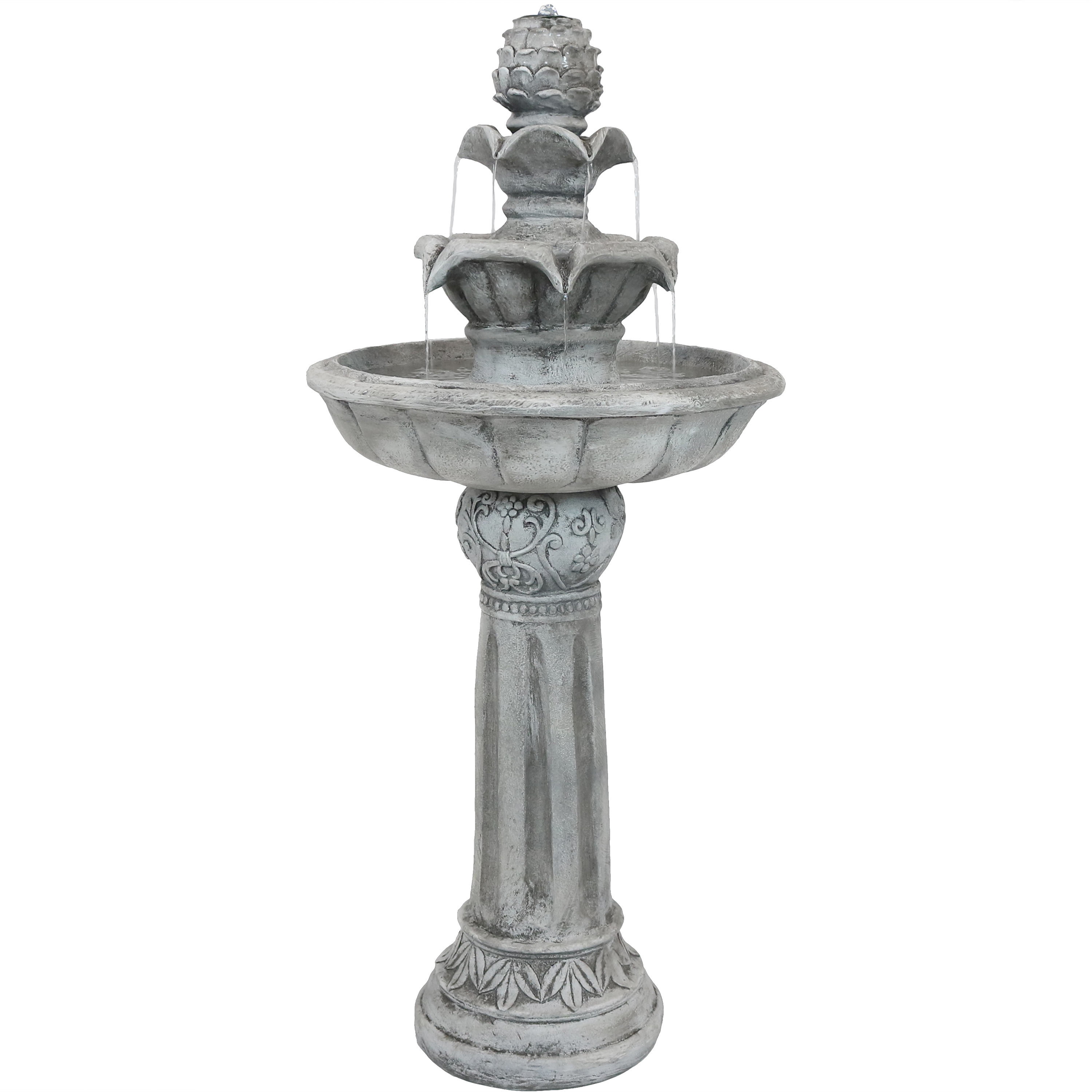 Sunnydaze Ornate Elegance Tiered Outdoor Solar Water Fountain with Battery Backup & LED Light, 42-Inch, White