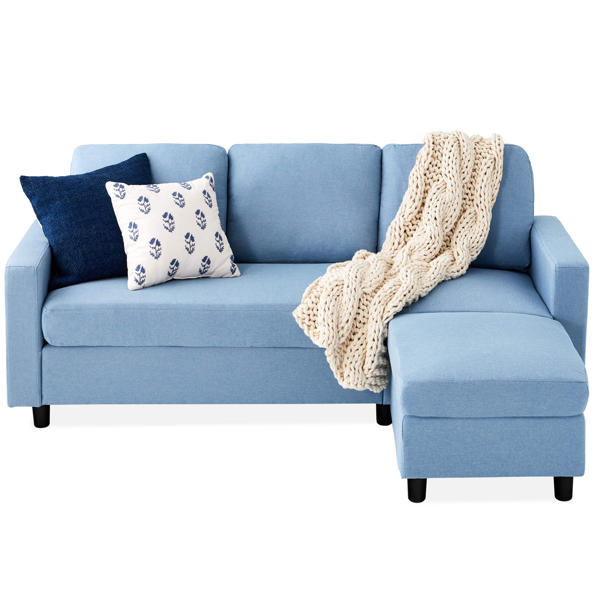 Upholstered Sectional Sofa Couch w/ Chaise Lounge, 3-Seat Design, Ottoman Bench - Light Blue - Best Choice Products Online