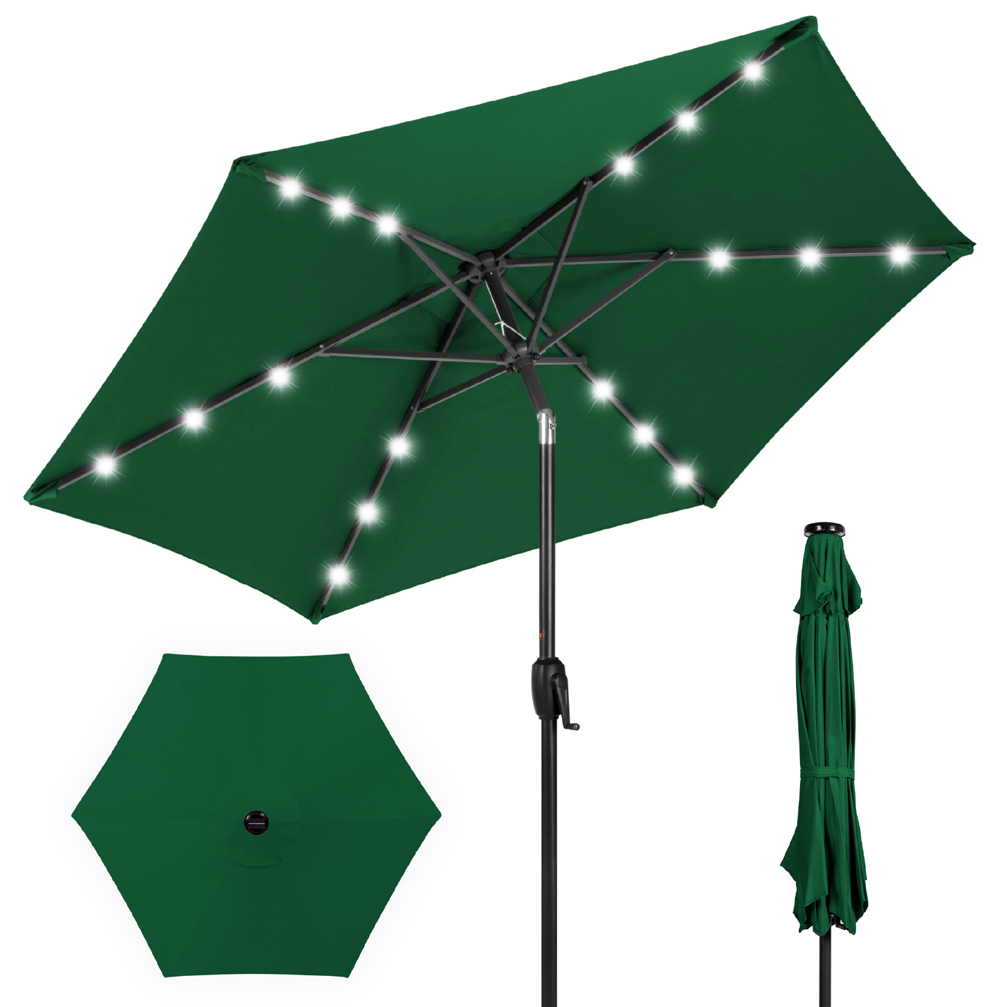 7.5ft Patio Umbrella w/ Solar LED Lights For Deck, Pool w/ Push Button Tilt & Easy Crank Lift - Green | Best Choice Products Online
