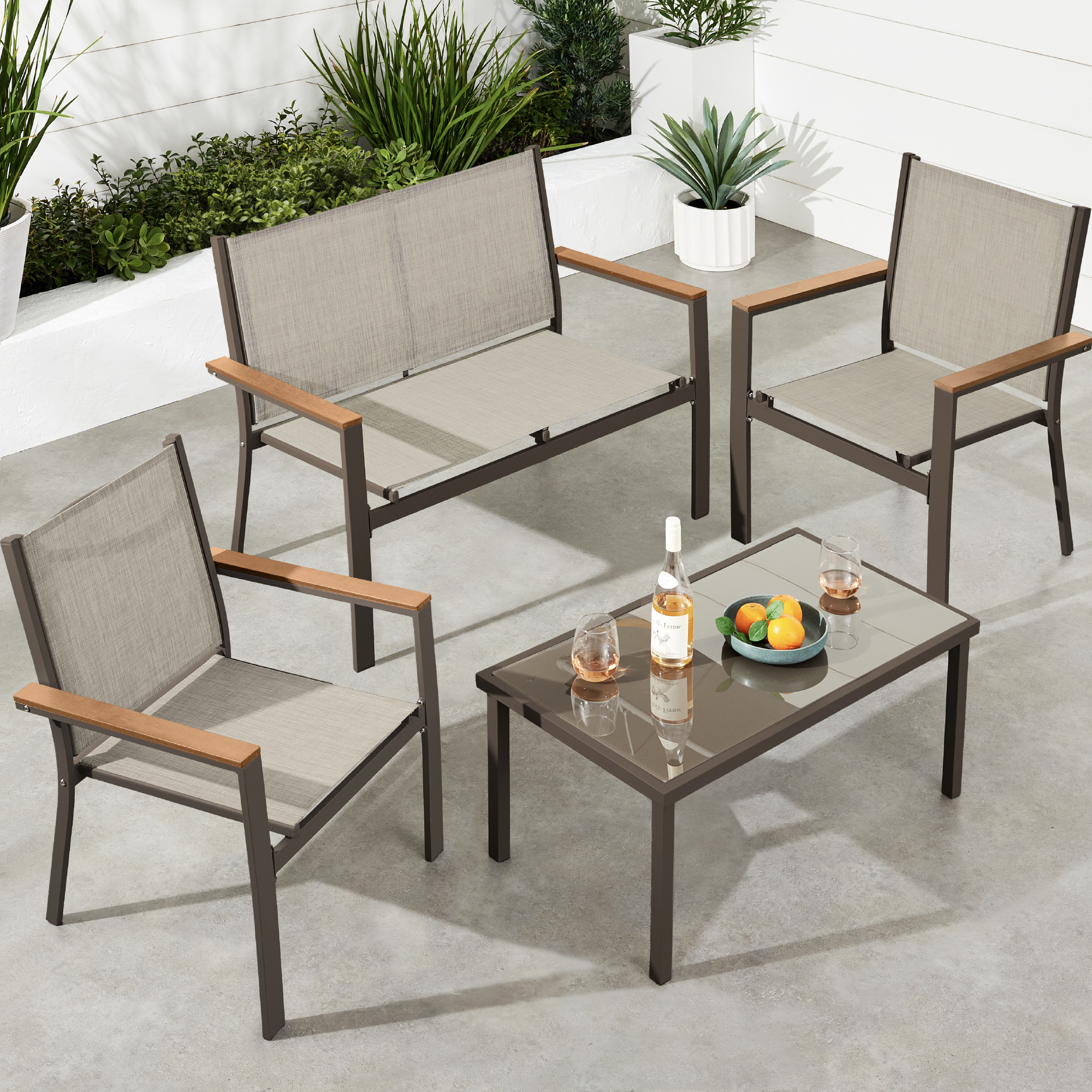 4-Piece Textilene Outdoor Patio Conversation Furniture Set w/ Loveseat, Table - Brown/Tan - Best Choice Products Online