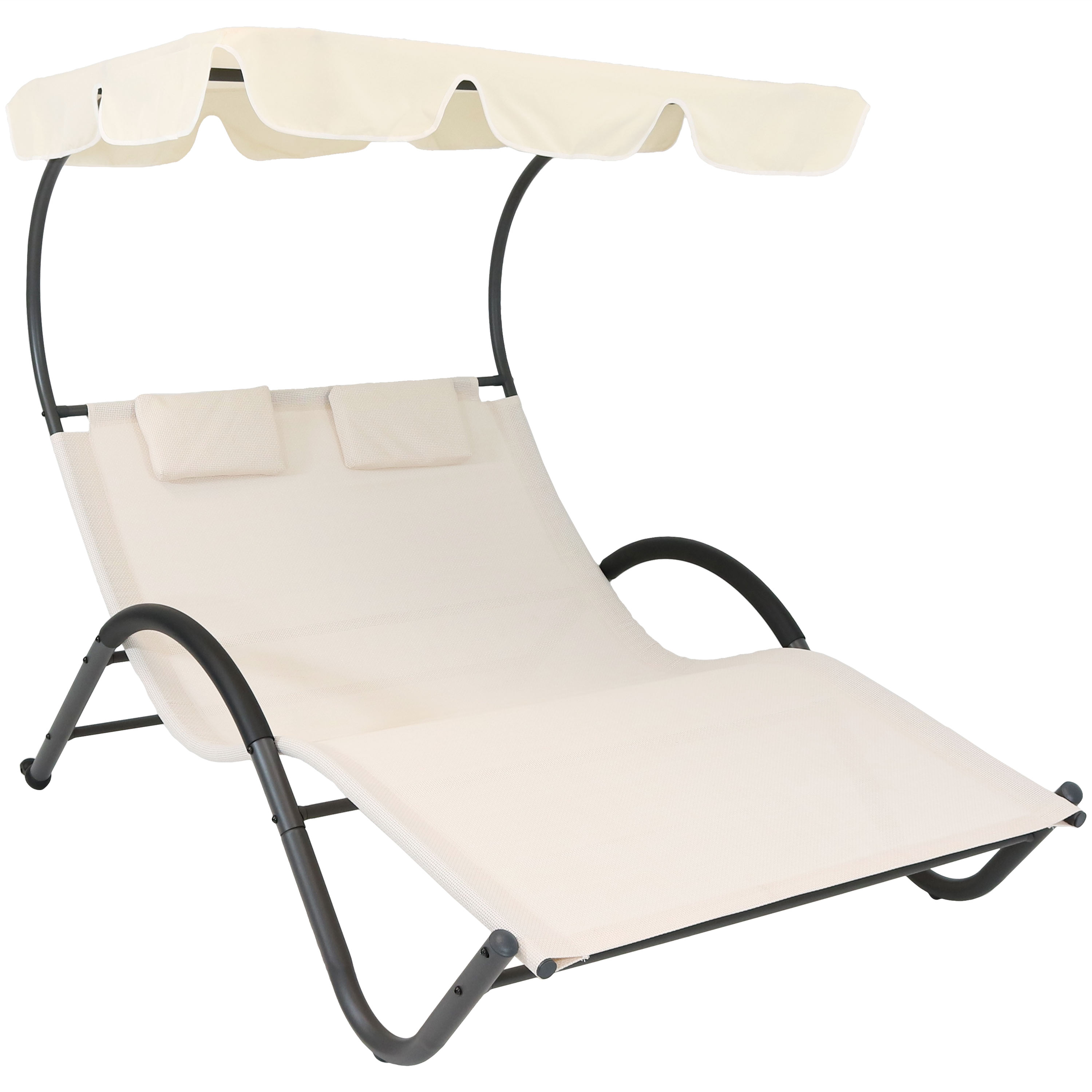 Sunnydaze Double Chaise Lounge with Canopy and Headrest Pillows - Beige