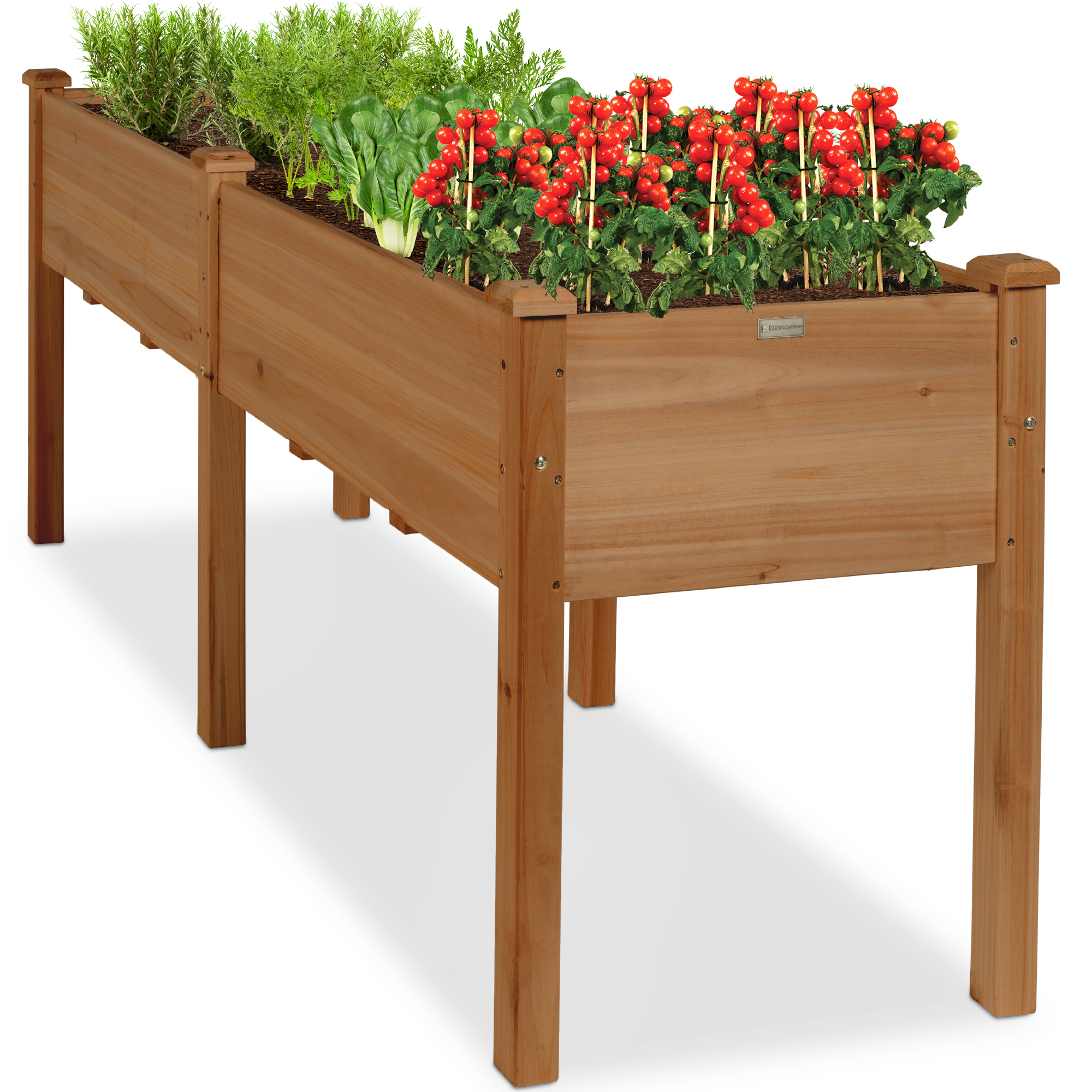 Elevated Raised Garden Bed Wood Planter Box Stand For Backyard, Garden, Patio w/ Divider Panel, 72x23x30in - Acorn Brown - Best Choice Products
