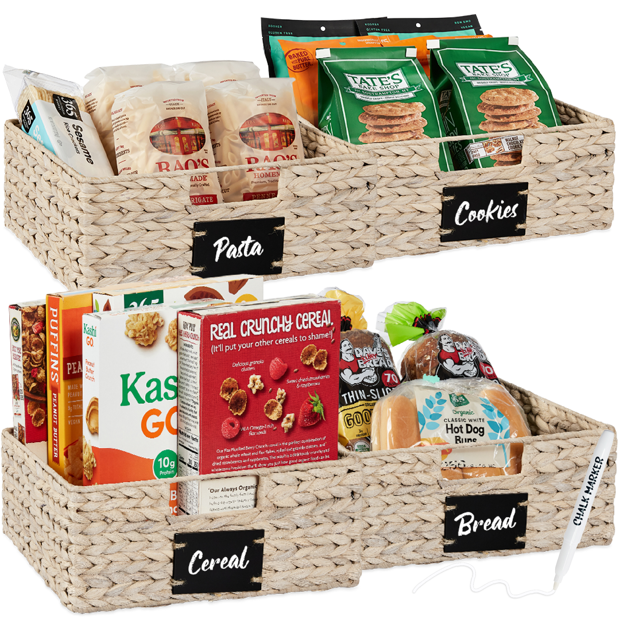 4-Pack 13in Woven Water Hyacinth Pantry Baskets w/ Chalkboard Label, Chalk Marker - White - Best Choice Products Online