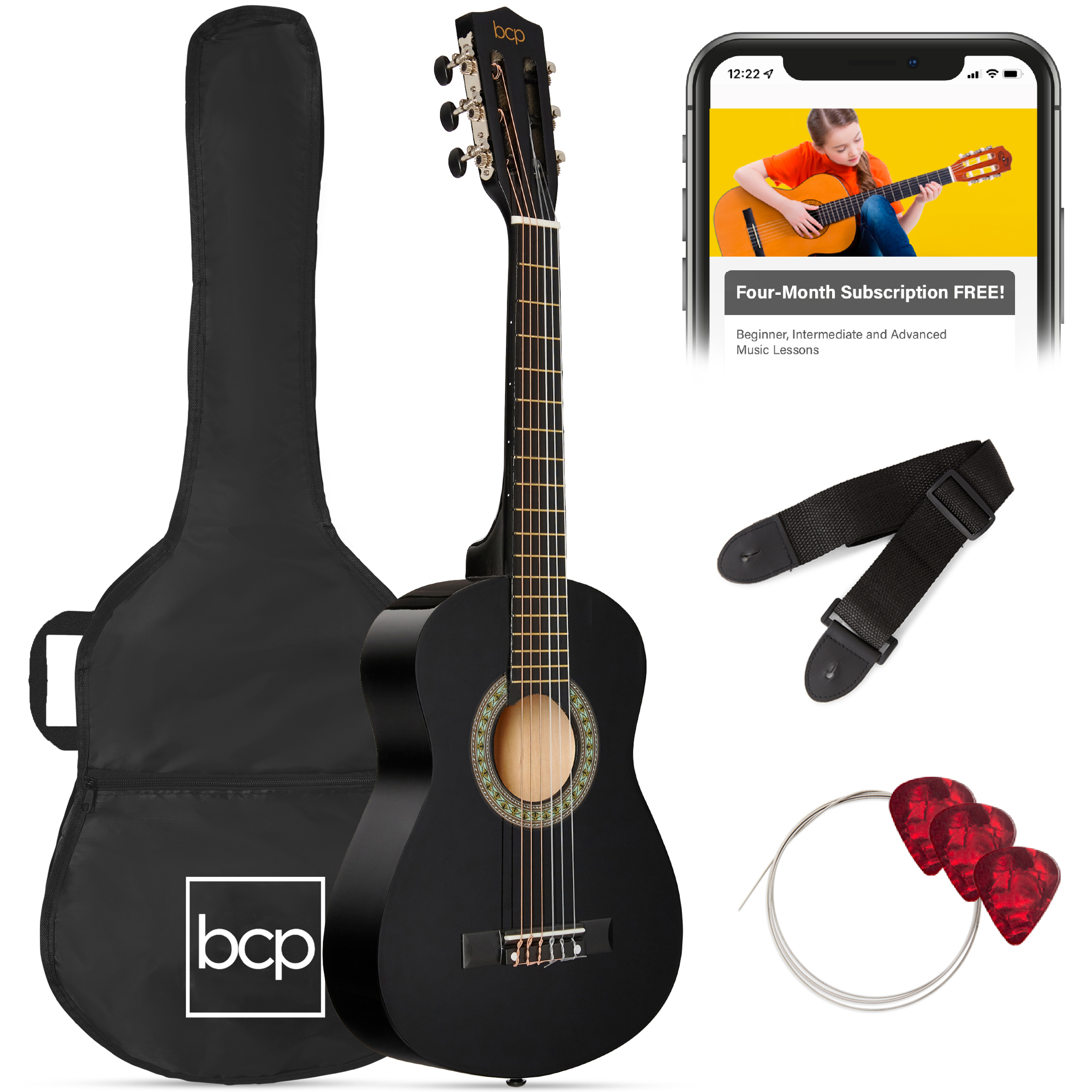 30in Kids Classical Acoustic Guitar Beginner Starter Kit with Tuner, Strap, Case, Strings - Black - Best Choice Products Online