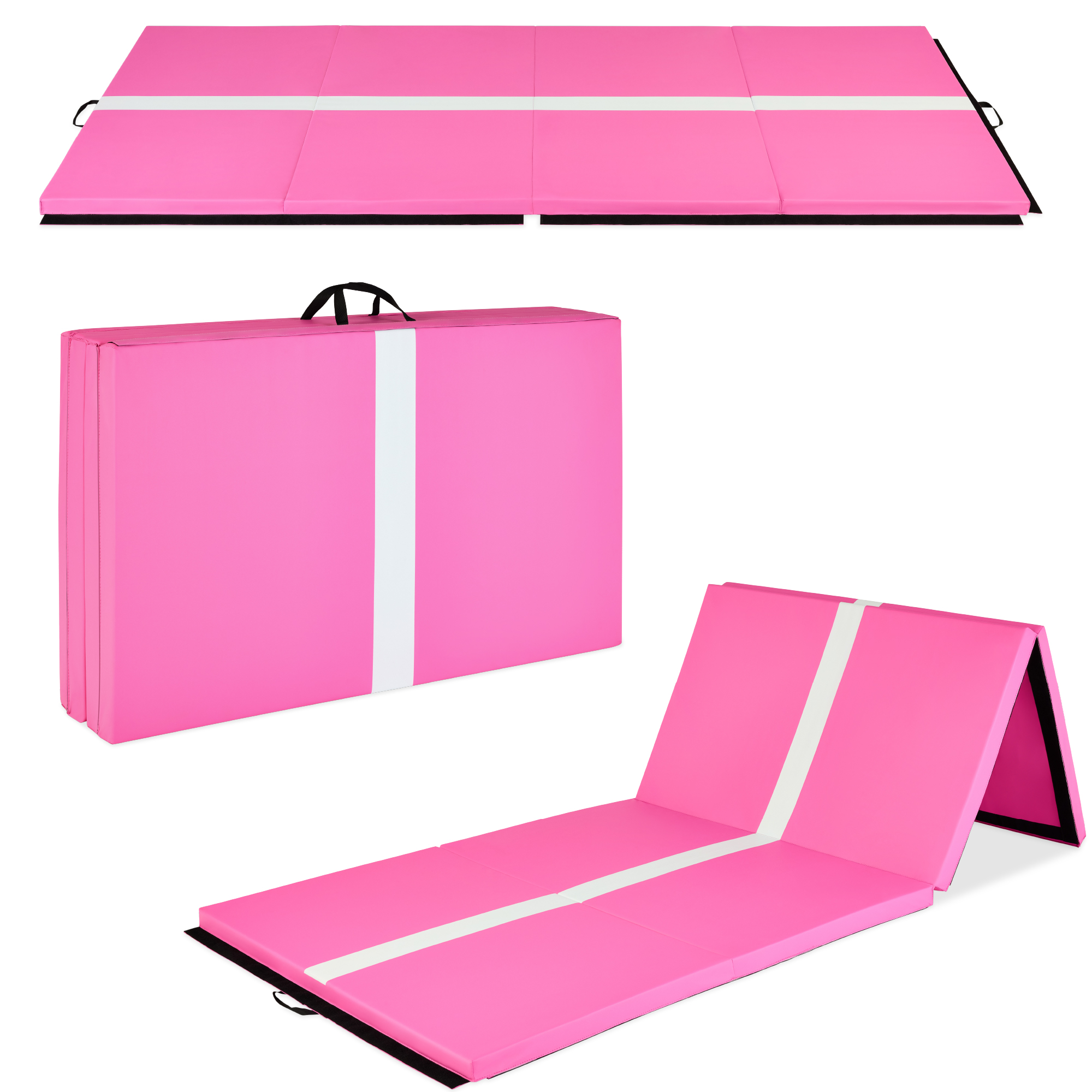 Folding Gymnastics Mat 4-Panel Exercise Workout Fitness Floor Mat w/ Handles, 10ftx4ftx2in - Pink Stripe - Best Choice Products Online