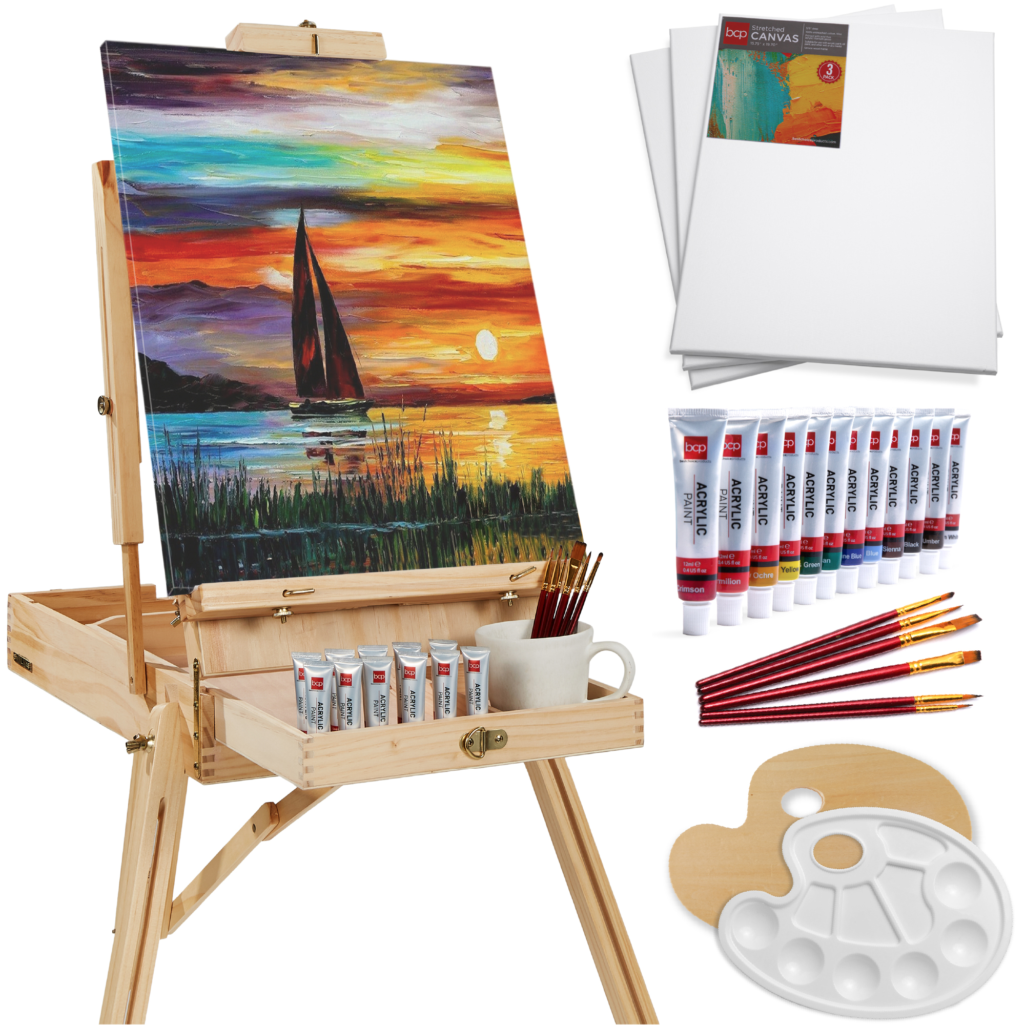 French Easel, 32pc Beginners Kit Portable Wooden Adjustable Tripod w/ Paint Supplies - Natural - Best Choice Products Online
