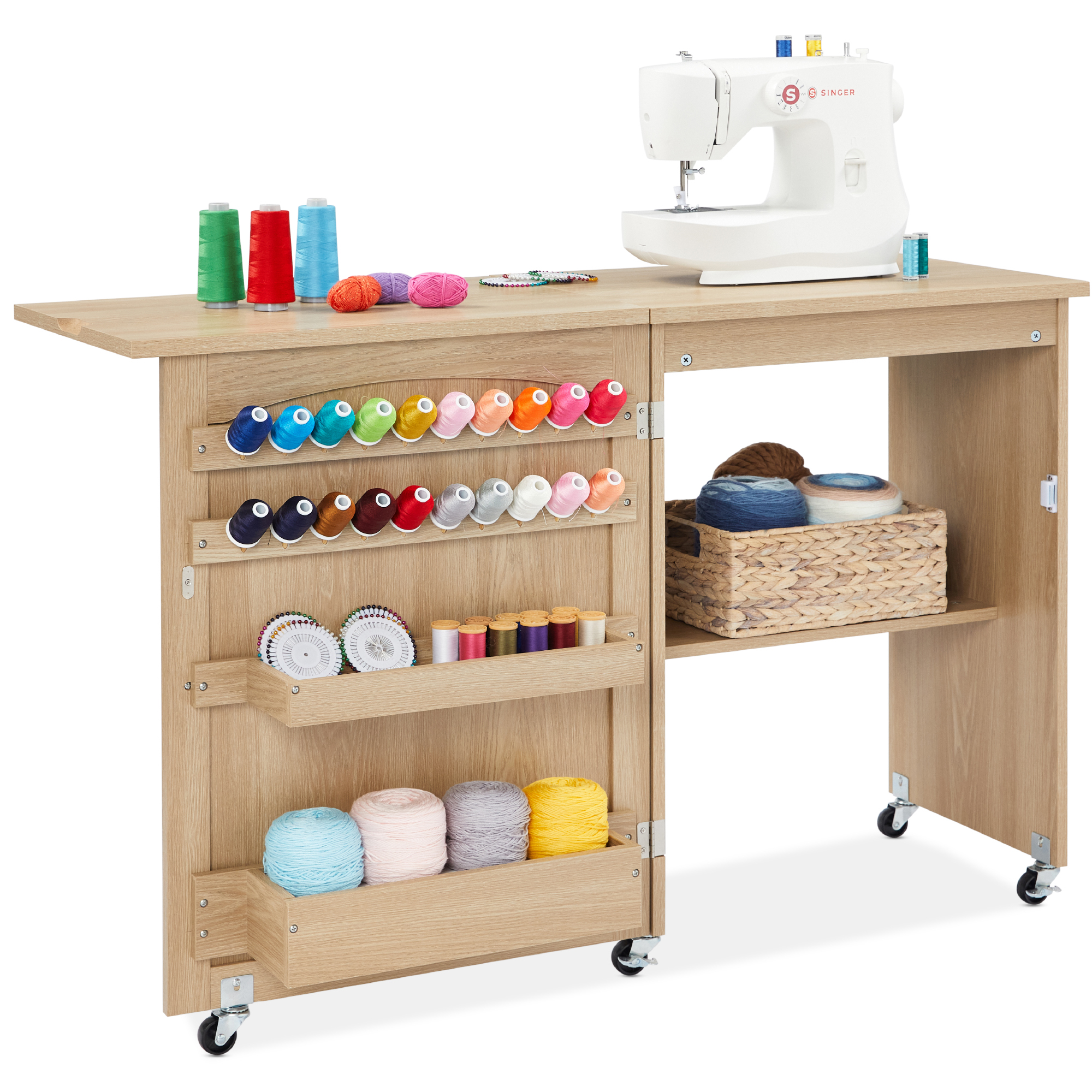 Folding Sewing Craft Table, Multipurpose Station & Side Desk w/ Wheels, Shelves, Bins, Pegs - Light Brown - Best Choice Products Online