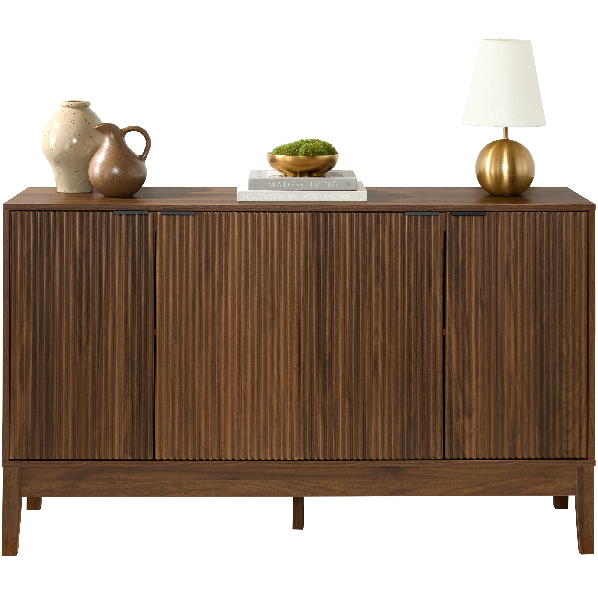 4-Door Reeded Storage Cabinet w/ Soft-Close Doors, Multipurpose Accent Furniture - Walnut - Best Choice Products Online