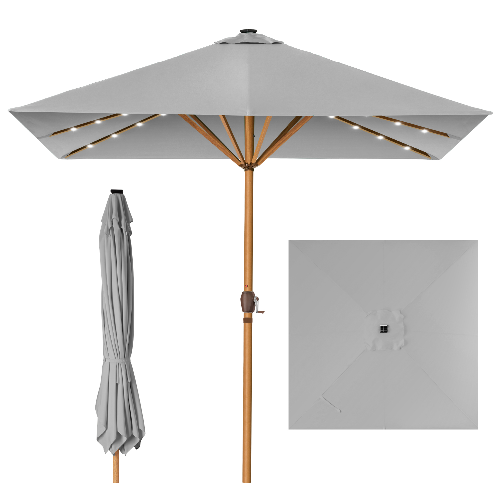 9ft Deep Square Solar LED Lighted Patio Umbrella w/ Faux Wood Texture, UV-Resistant - Fog Gray - Best Choice Products Online