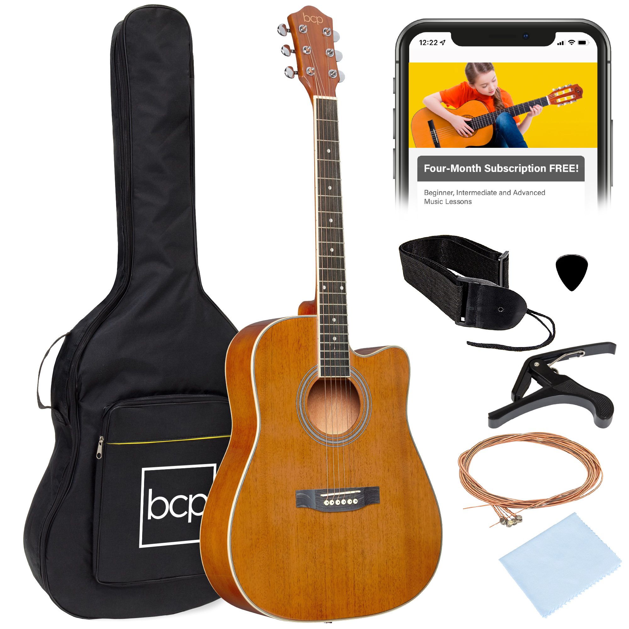 41in Full Size Beginner Acoustic Guitar Set w/ Case, Strap, Capo, Strings, Pick, Tuner - Natural Mahogany - Best Choice Products Online