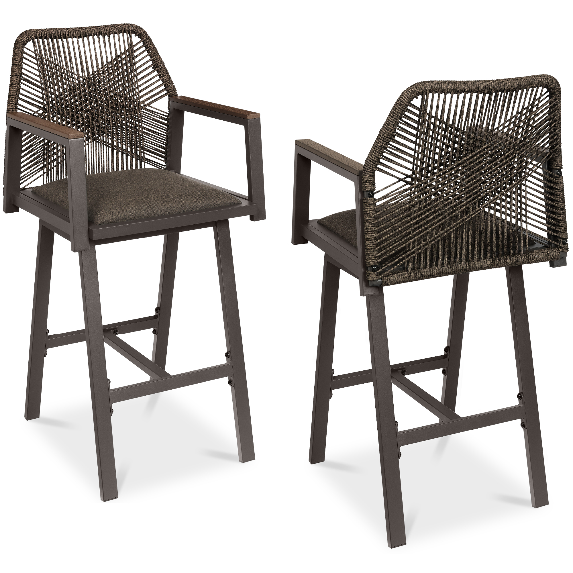 Set of 2 Indoor/Outdoor Aluminum, Woven Rope Swivel Barstools w/ Armrests - Brown/Mocha - Best Choice Products Online