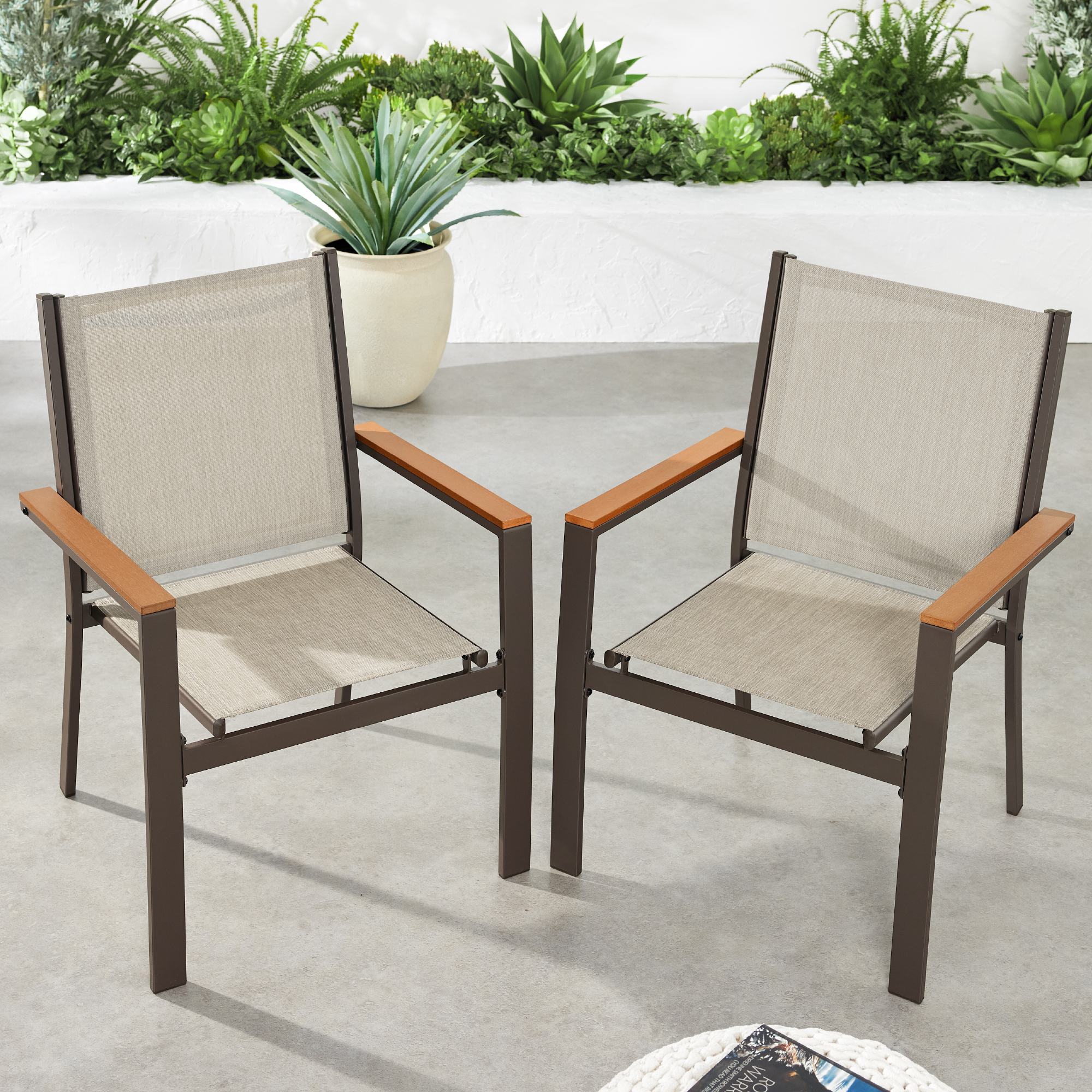 Set of 2 Stackable Textilene Chairs w/ Armrests, Dining Accent Furniture - Brown/Tan - Best Choice Products Online