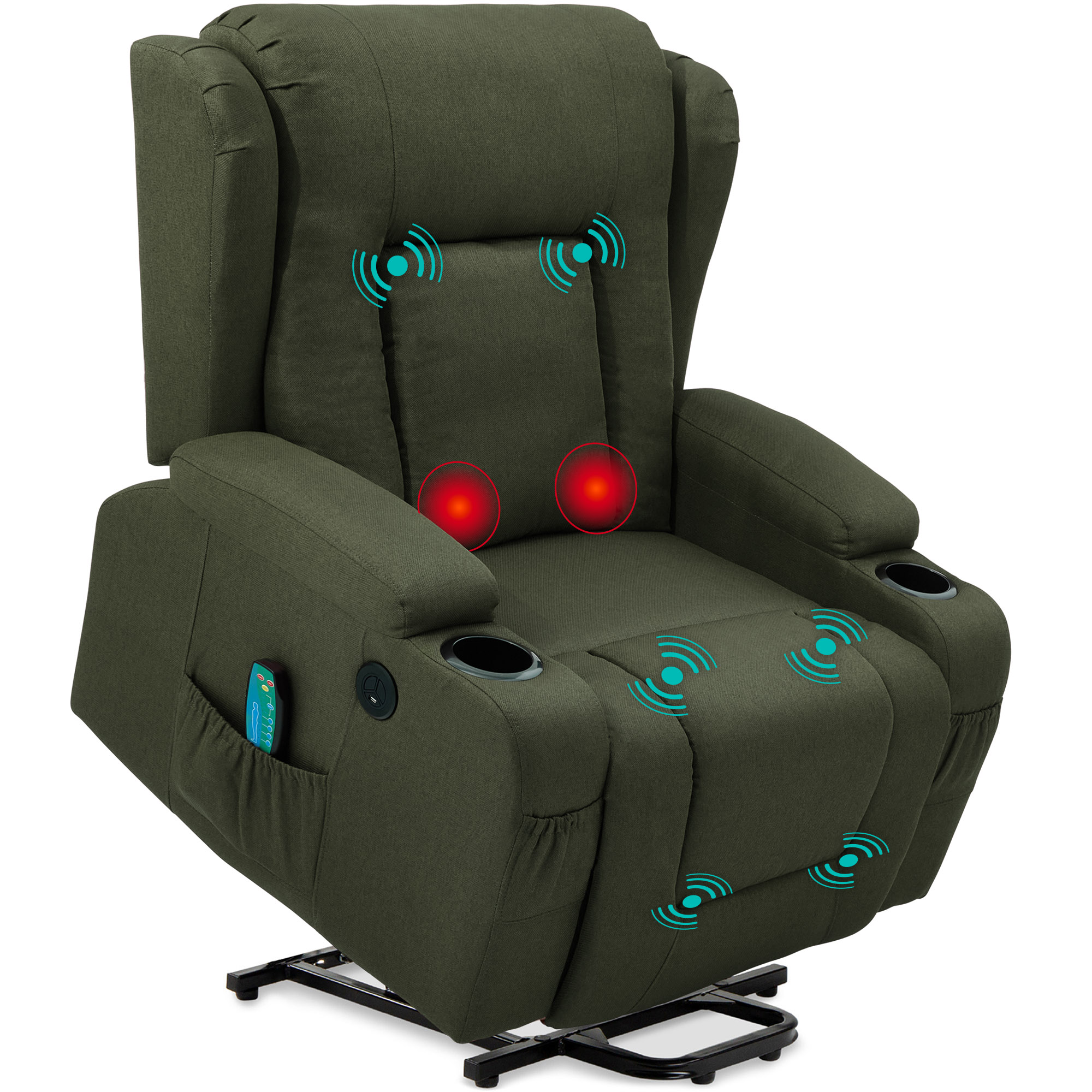 Electric Power Lift Linen Recliner Massage Chair Furniture w/ USB Port, Heat, Cupholders - Olive - Best Choice Products Online