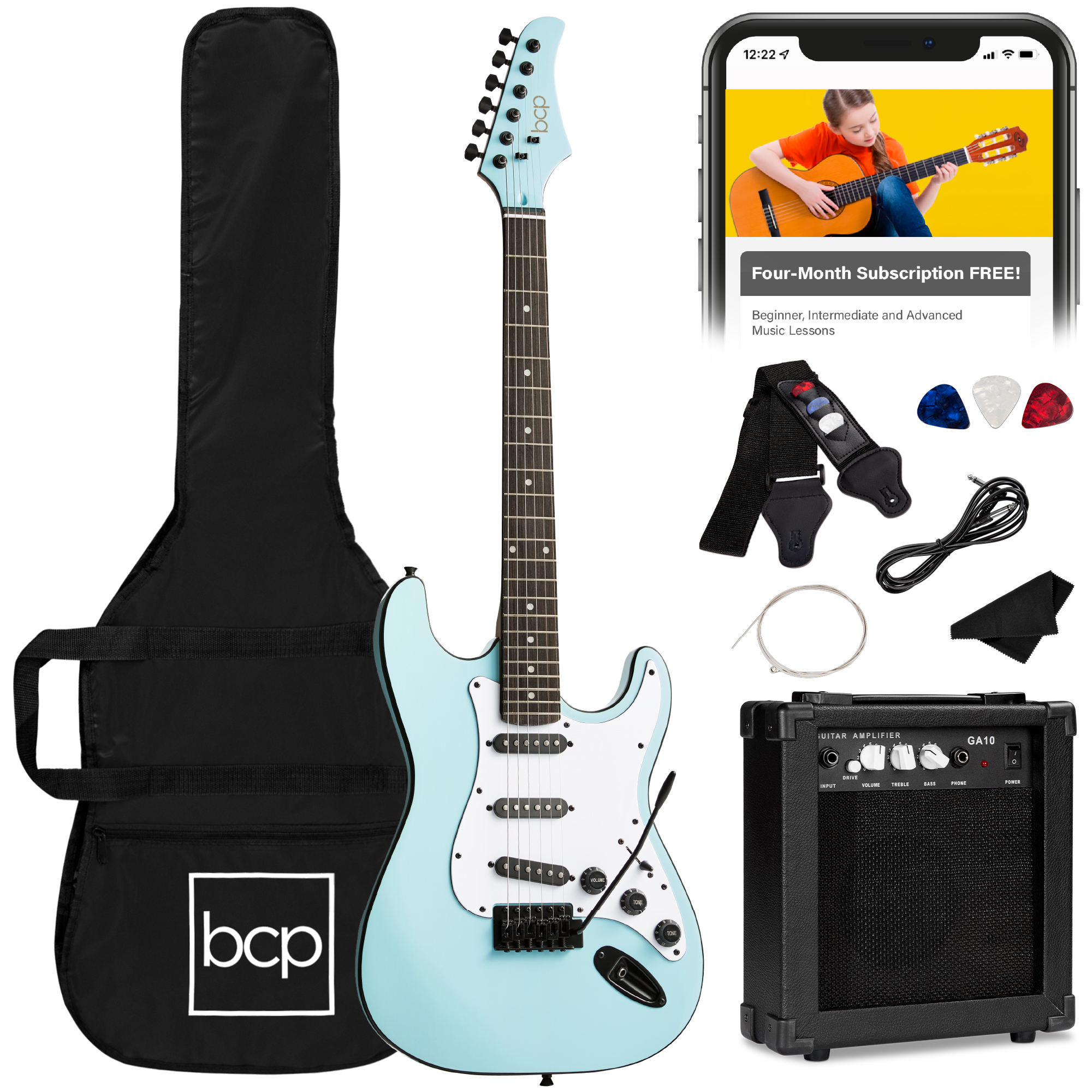 39in Full Size Beginner Electric Guitar Kit w/ Case, Strap, Amp, Whammy Bar - Powder Blue - Best Choice Products Online