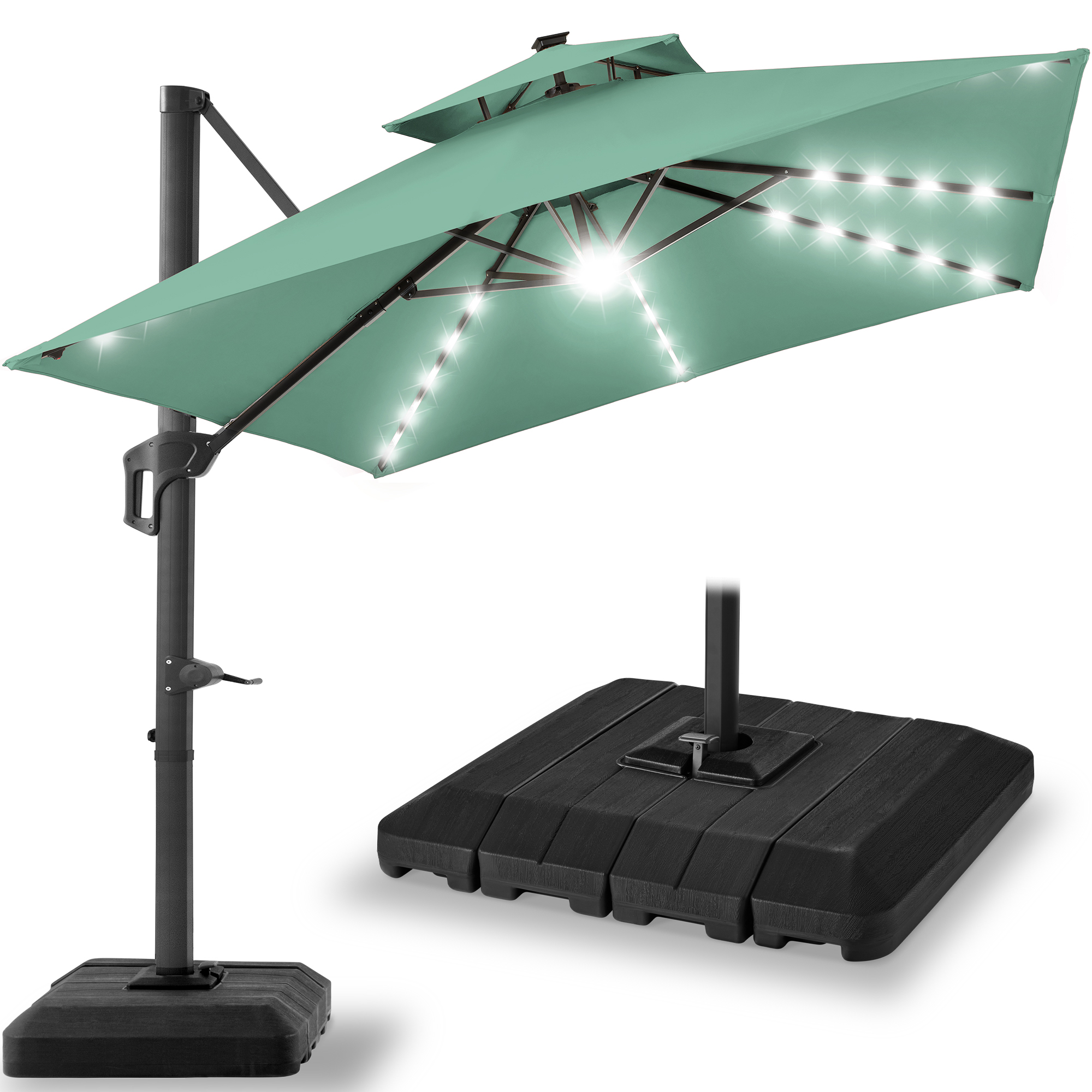 10ft 2-Tier Square Outdoor Solar LED Cantilever Patio Umbrella w/ Base Included - Seaglass - Best Choice Products Online