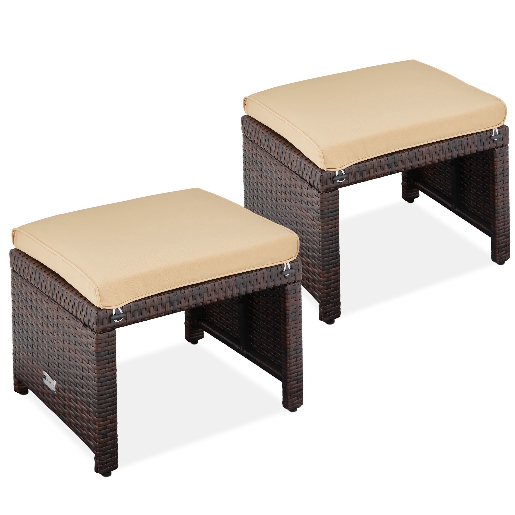 Multipurpose Patio Wicker Ottomans w/ Removable Cushions, Steel Frame, Set of 2 - Brown/Beige - Best Choice Products Online