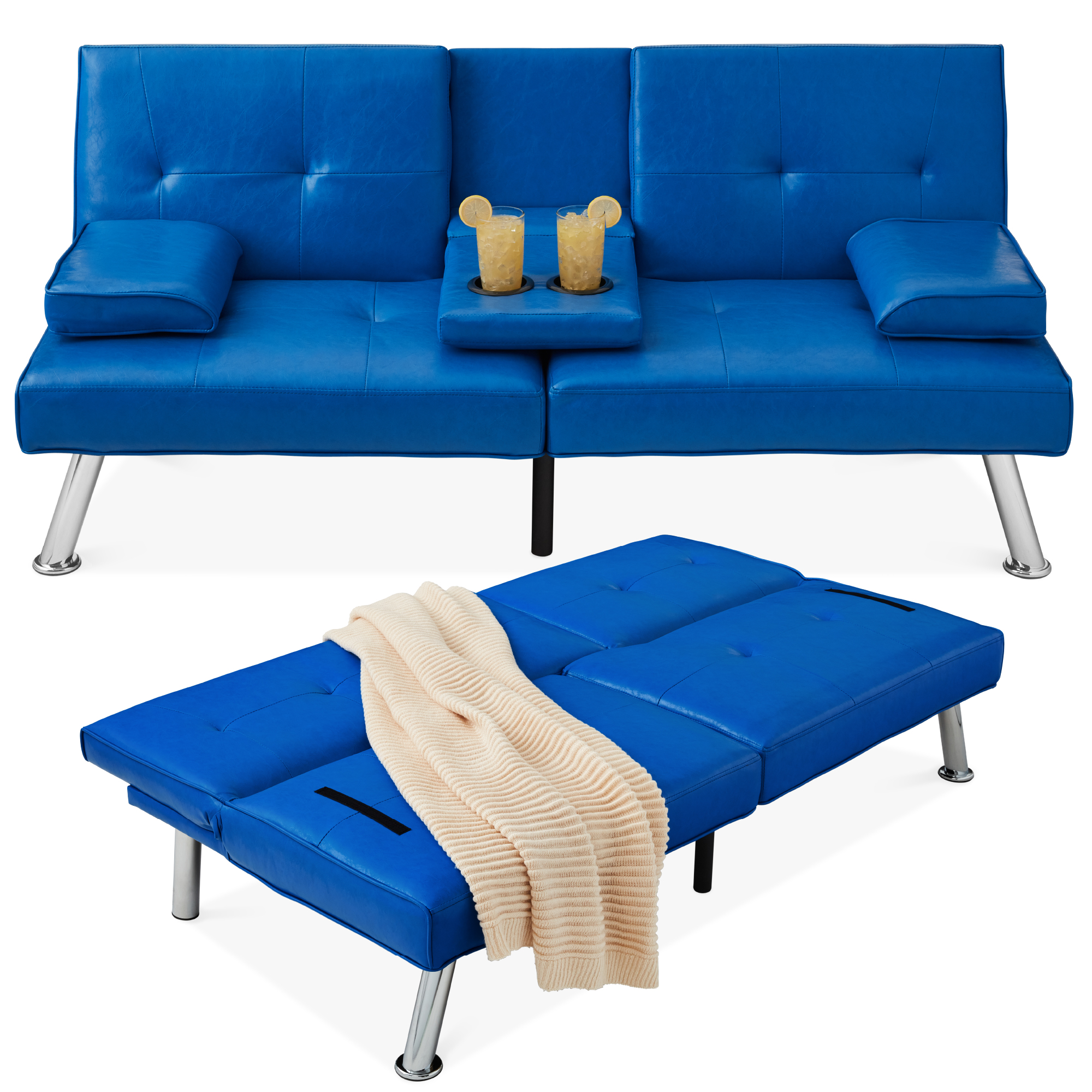 Modern Faux Leather Convertible Futon Sofa w/ Removable Armrests, 2 Cupholders - Royal Blue - Best Choice Products Online
