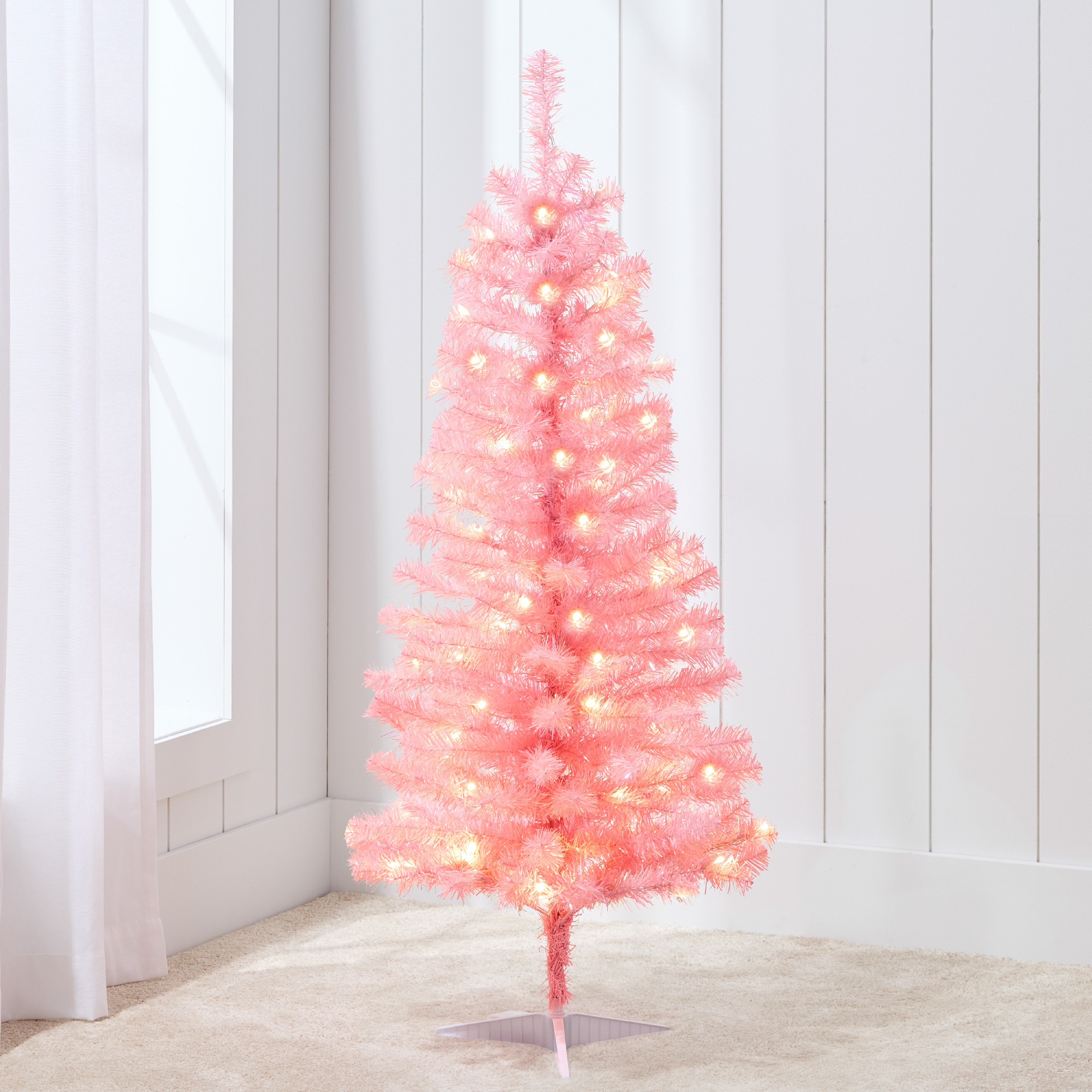 4ft Pre-Lit Light Pink Tinsel Christmas Tree, Artificial Tree Holiday Decor w/ LED Lights - Best Choice Products Online