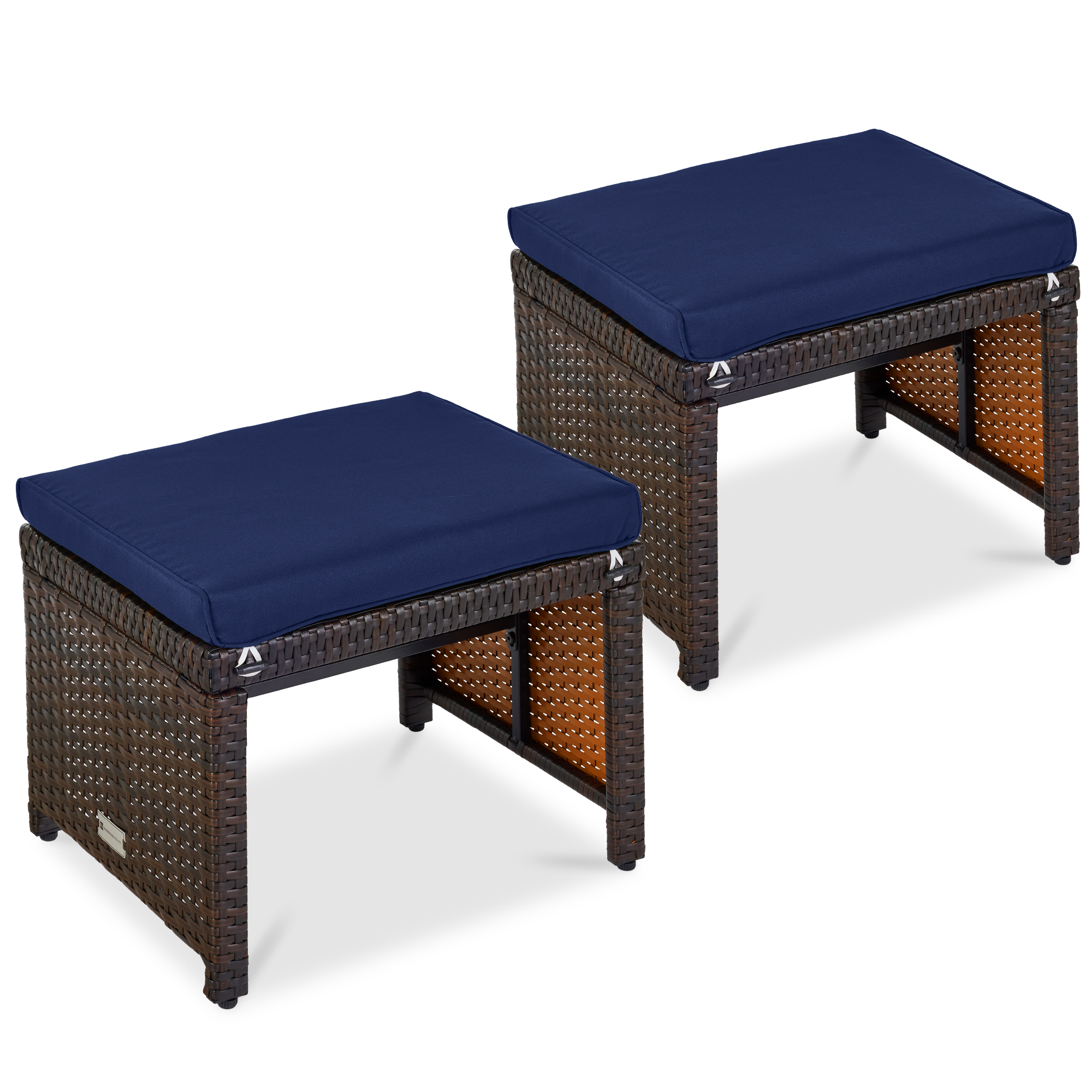 Multipurpose Patio Wicker Ottomans w/ Removable Cushions, Steel Frame, Set of 2 - Navy/Brown - Best Choice Products Online
