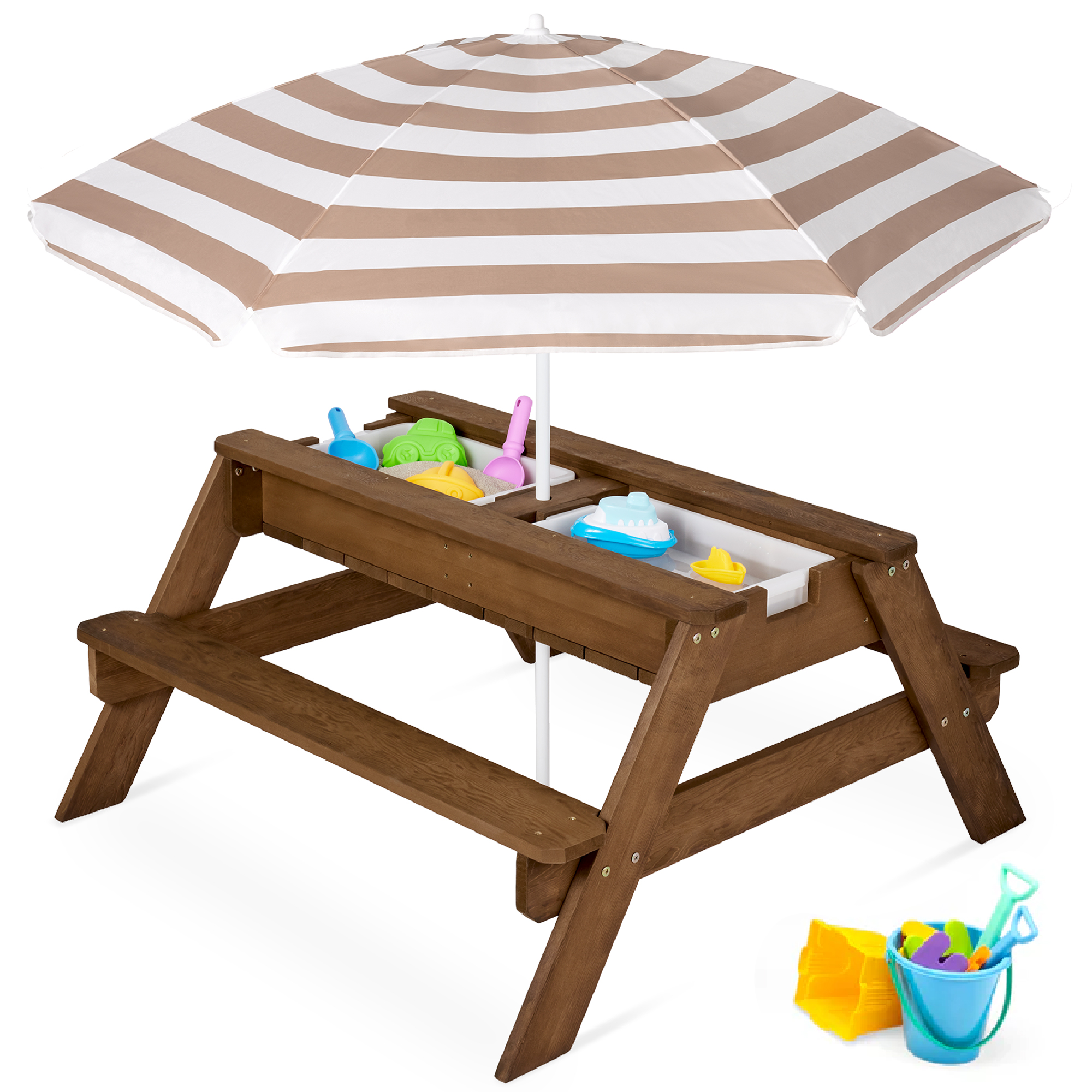 Kids 3-in-1 Outdoor Convertible Wood Activity Sand & Water Picnic Table w/ Umbrella - Walnut/Beige - Best Choice Products Online