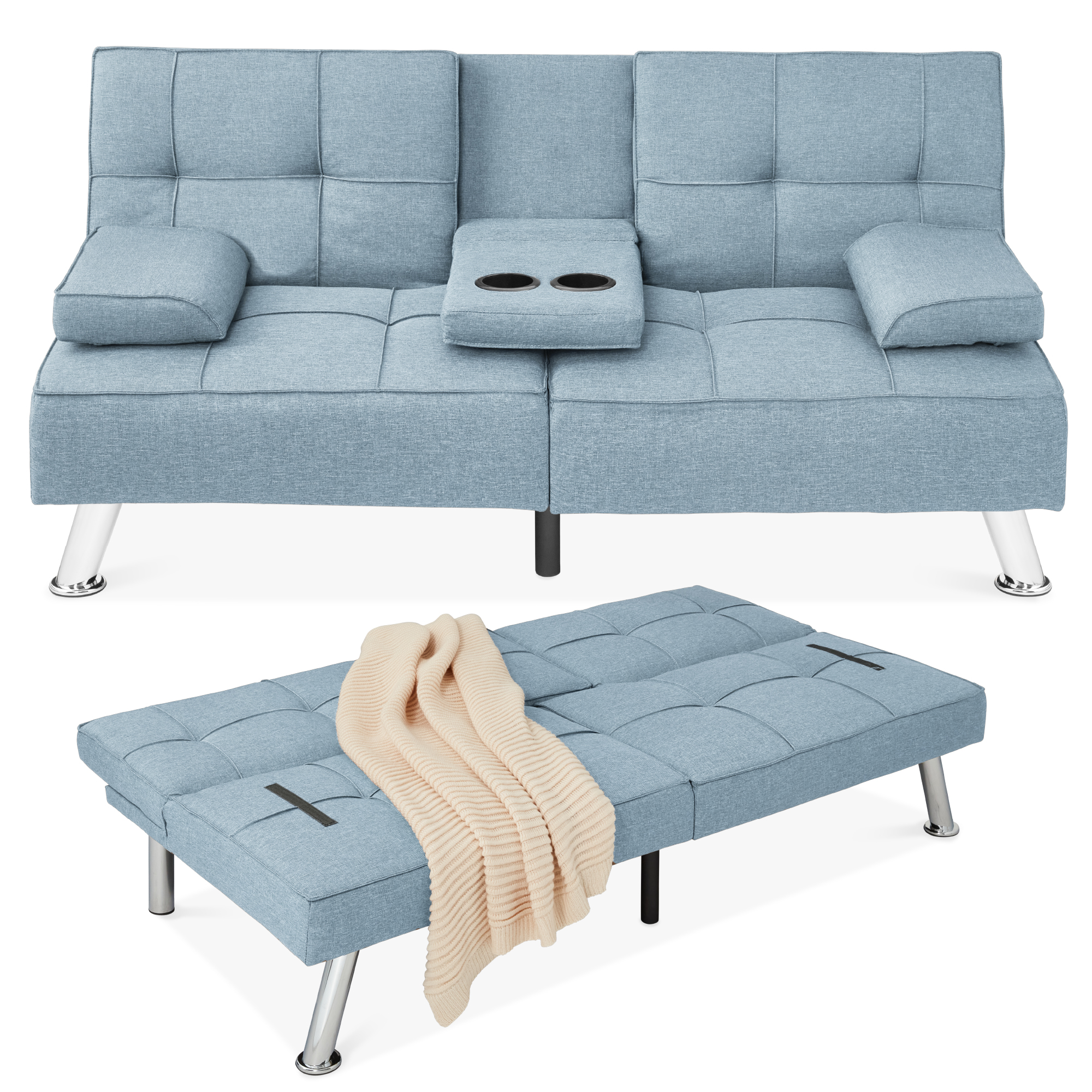 Linen Upholstered Convertible Sofa Bed Futon, Modern Design w/ Removable Armrests, Metal Legs, 2 Cupholders - Light Blue - Best Choice Products Online
