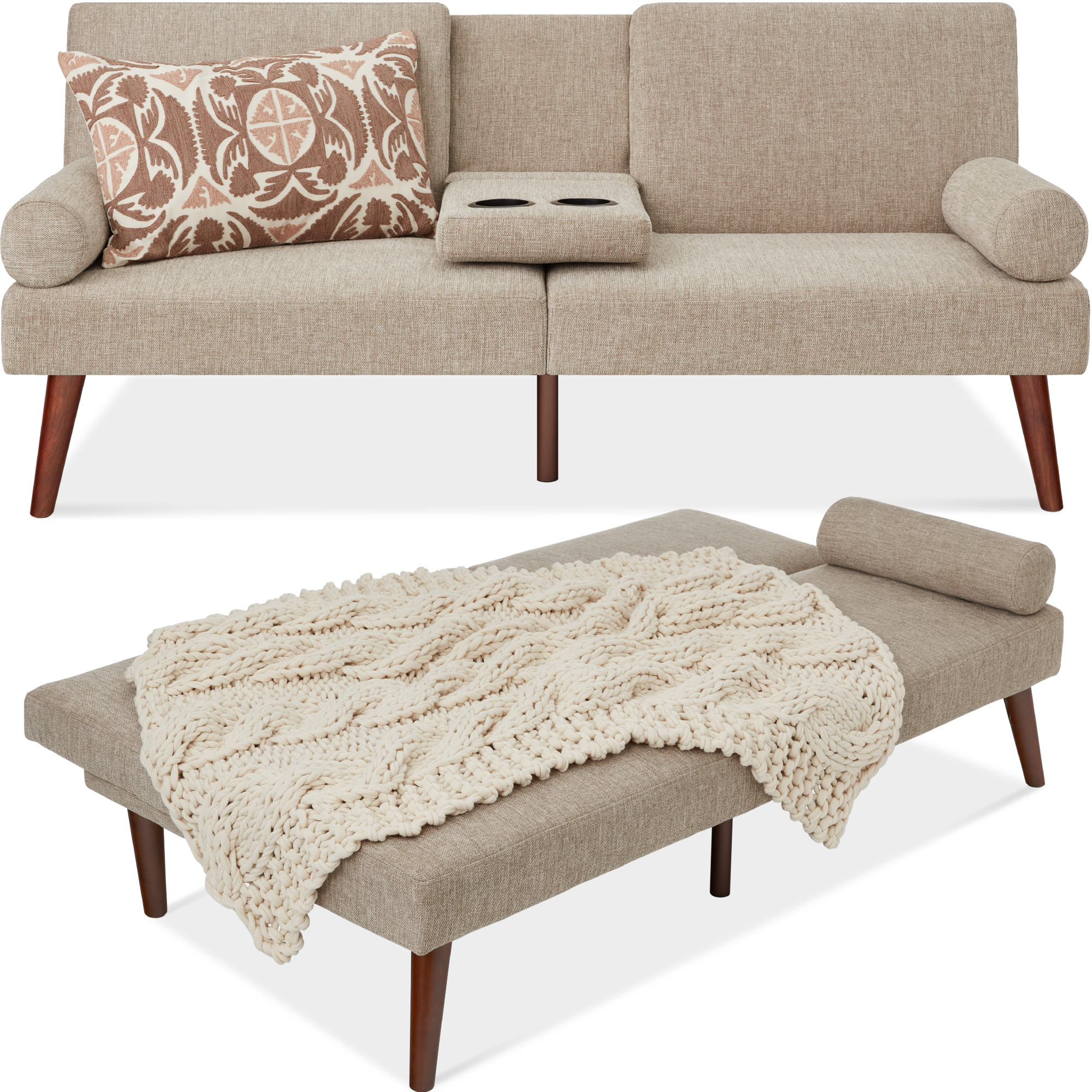 Fabric Upholstered Convertible Futon w/ Rounded Armrests, Wooden Legs, 2 Cupholders - Sand - Best Choice Products Online
