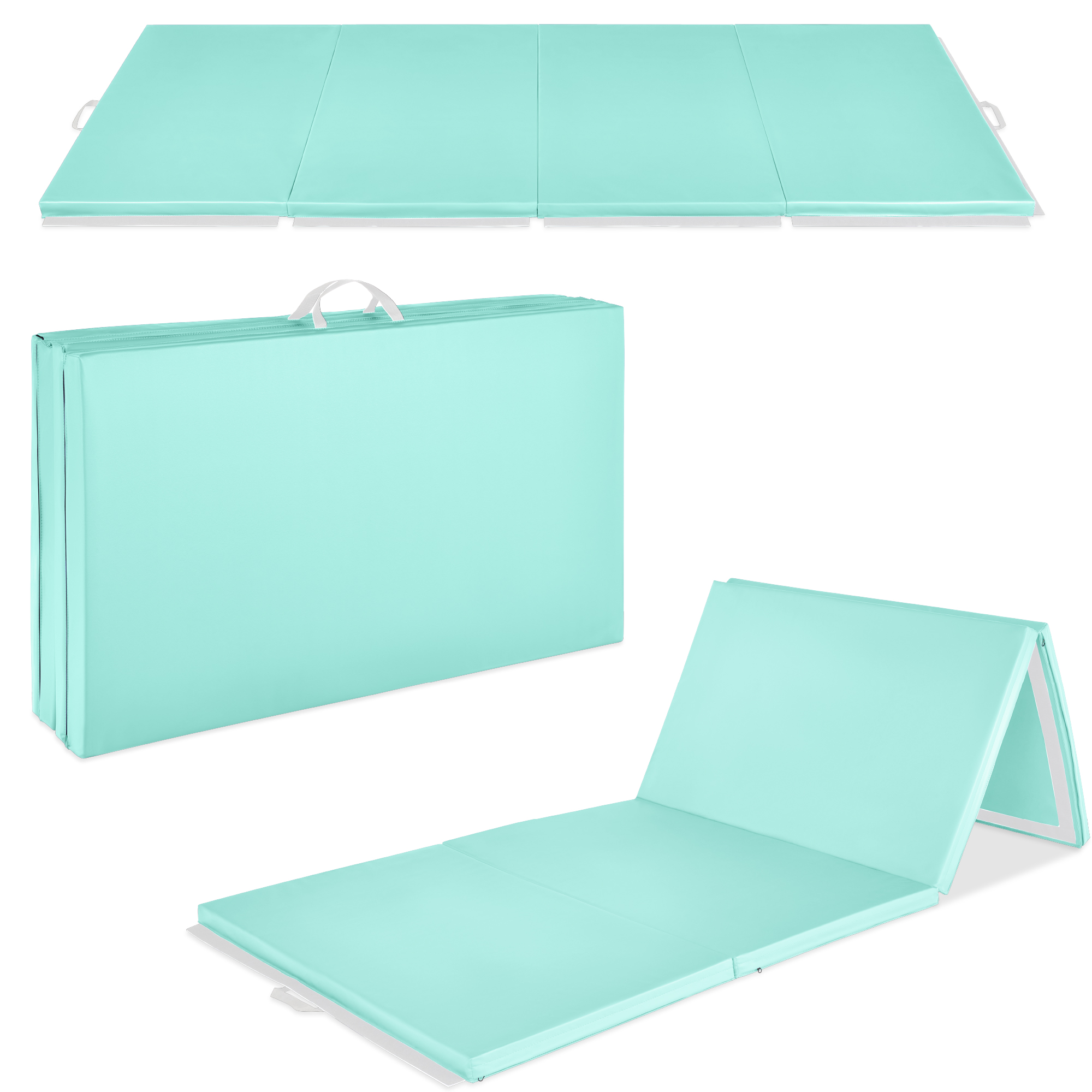 Folding Gymnastics Mat 4-Panel Exercise Workout Fitness Floor Mat w/ Handles, 10ftx4ftx2in - Aqua- Best Choice Products Online