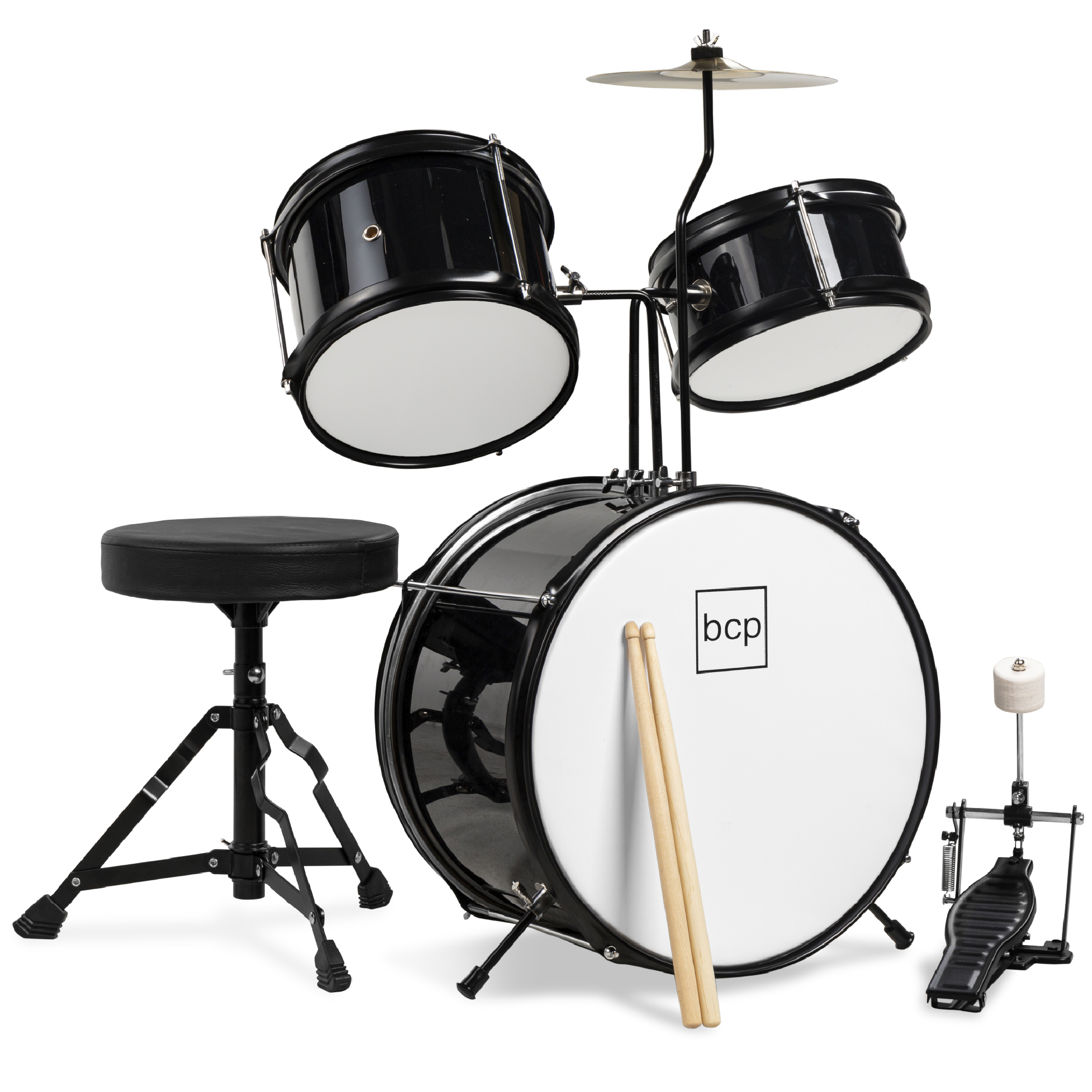 Best Choice Products Kids Beginner 3-Piece Drum, Musical Instrument Set w/ Sticks, Cushioned Stool, Drum Pedal - Black