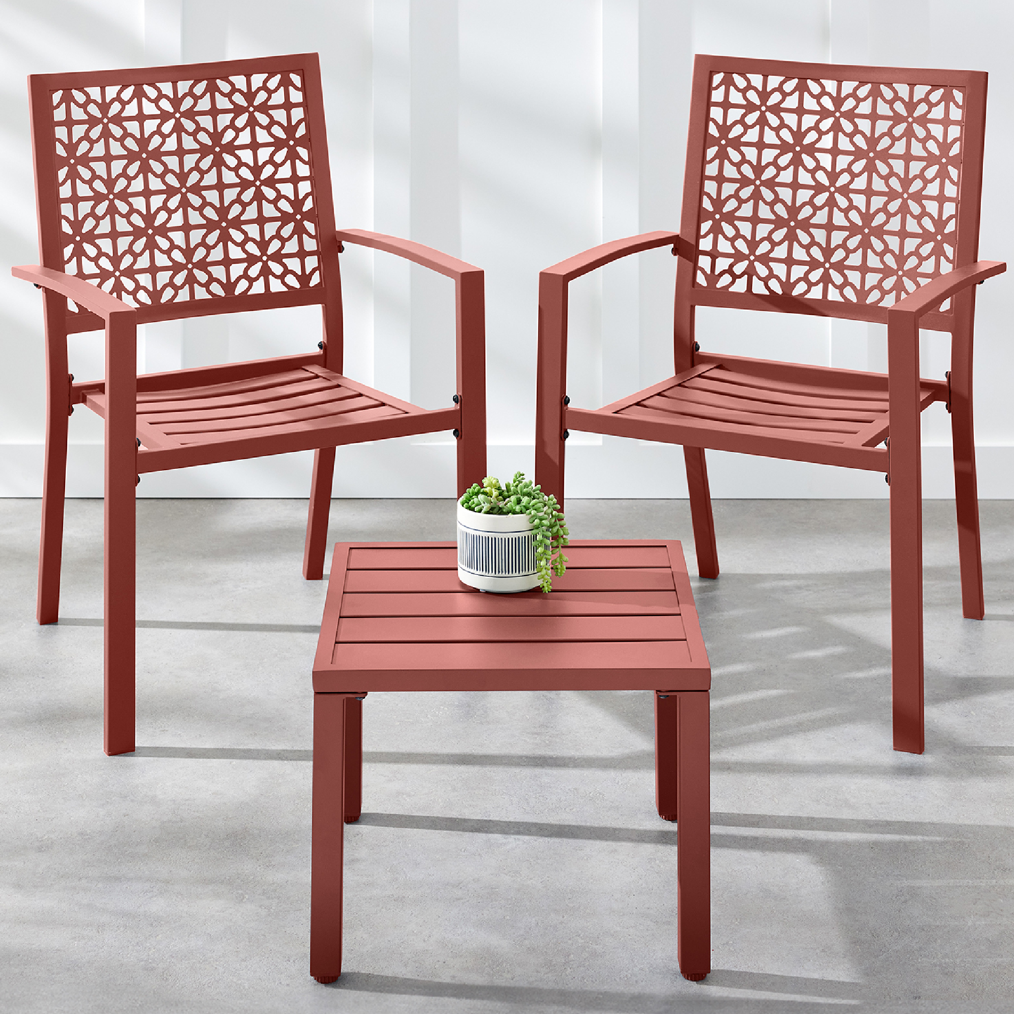 3-Piece Stackable Steel Outdoor Conversation Bistro Set, Patio Chat Furniture w/ 2 Chairs, Table - Terra Cotta - Best Choice Products Online