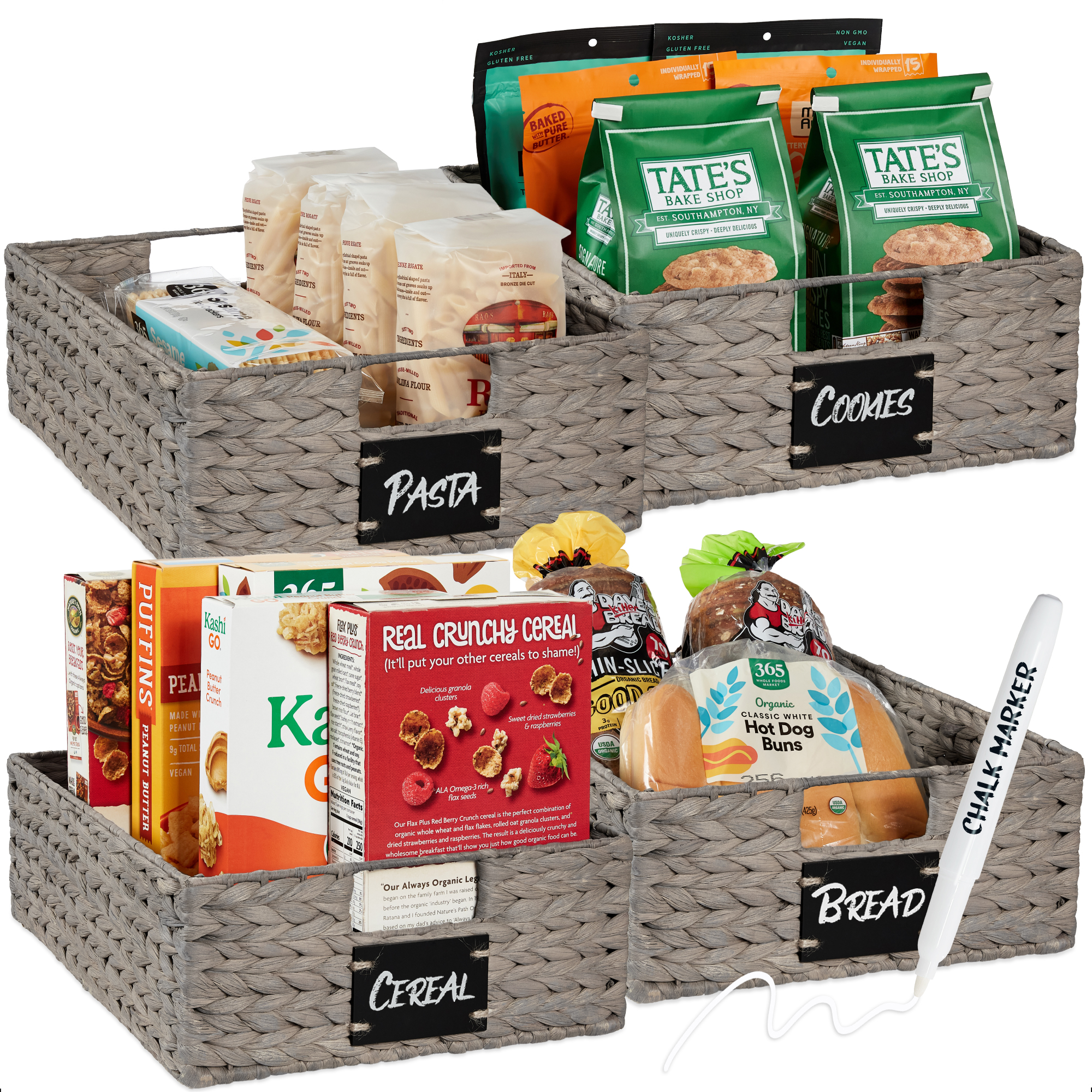 4 Woven Water Hyacinth Pantry Baskets w/ Chalkboard Label, Chalk Marker, 16x12in - Gray - Best Choice Products Online