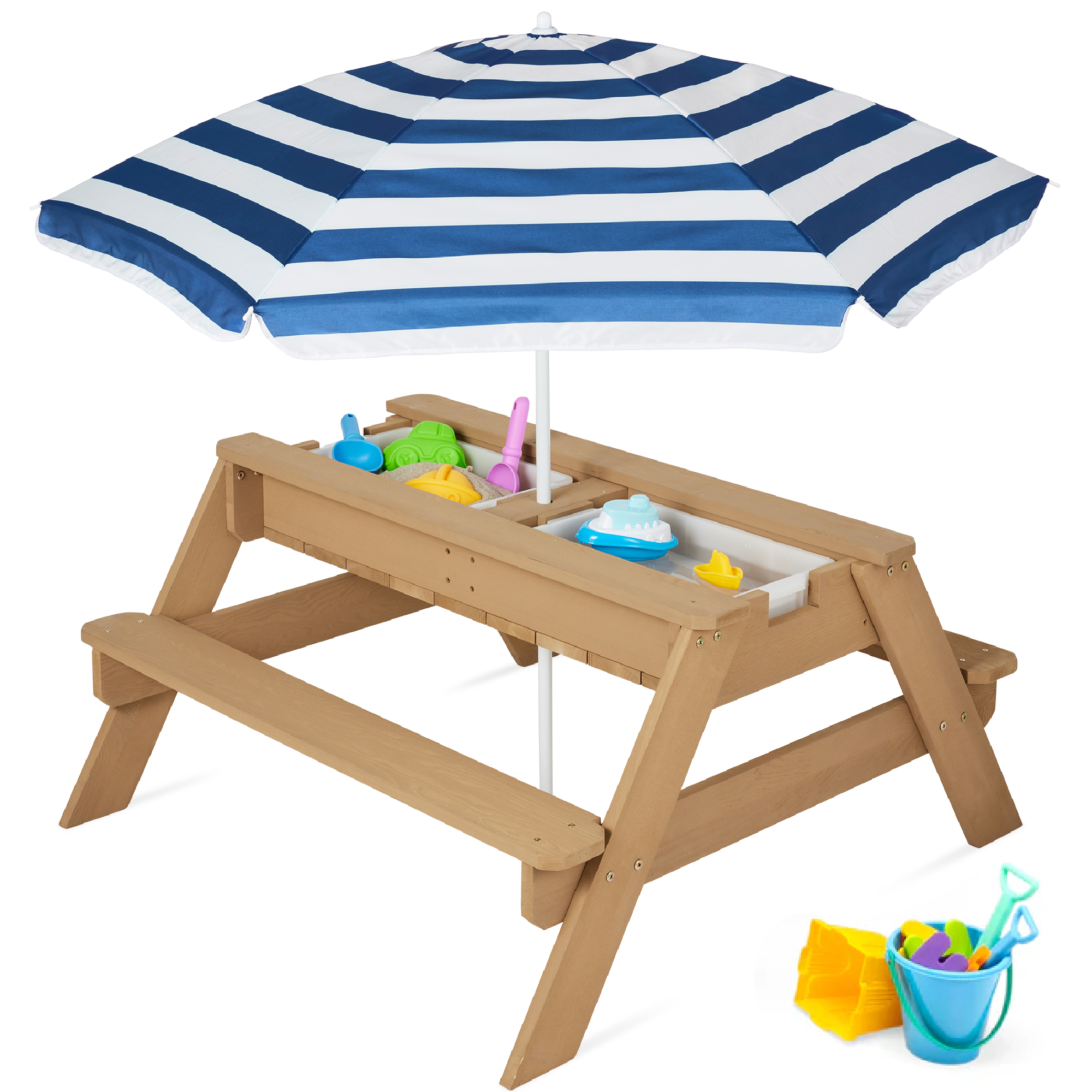 Kids 3-in-1 Outdoor Convertible Wood Activity Sand & Water Picnic Table w/ Umbrella - Navy - Best Choice Products Online