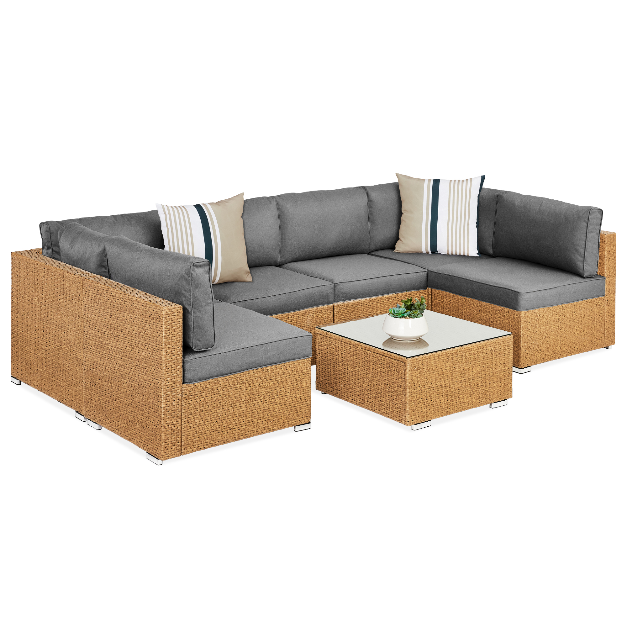 7pc Modular Wicker Sectional Sofas & Glass Top Table Outdoor Patio Furniture Set w/ 2 Pillows, Cover - Natural/Cement Gray - Best Choice Products