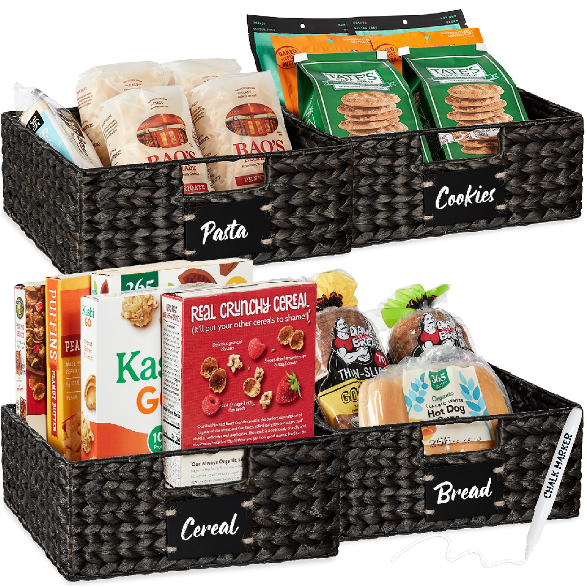 4-Pack 13in Woven Water Hyacinth Pantry Baskets w/ Chalkboard Label, Chalk Marker - Black - Best Choice Products Online