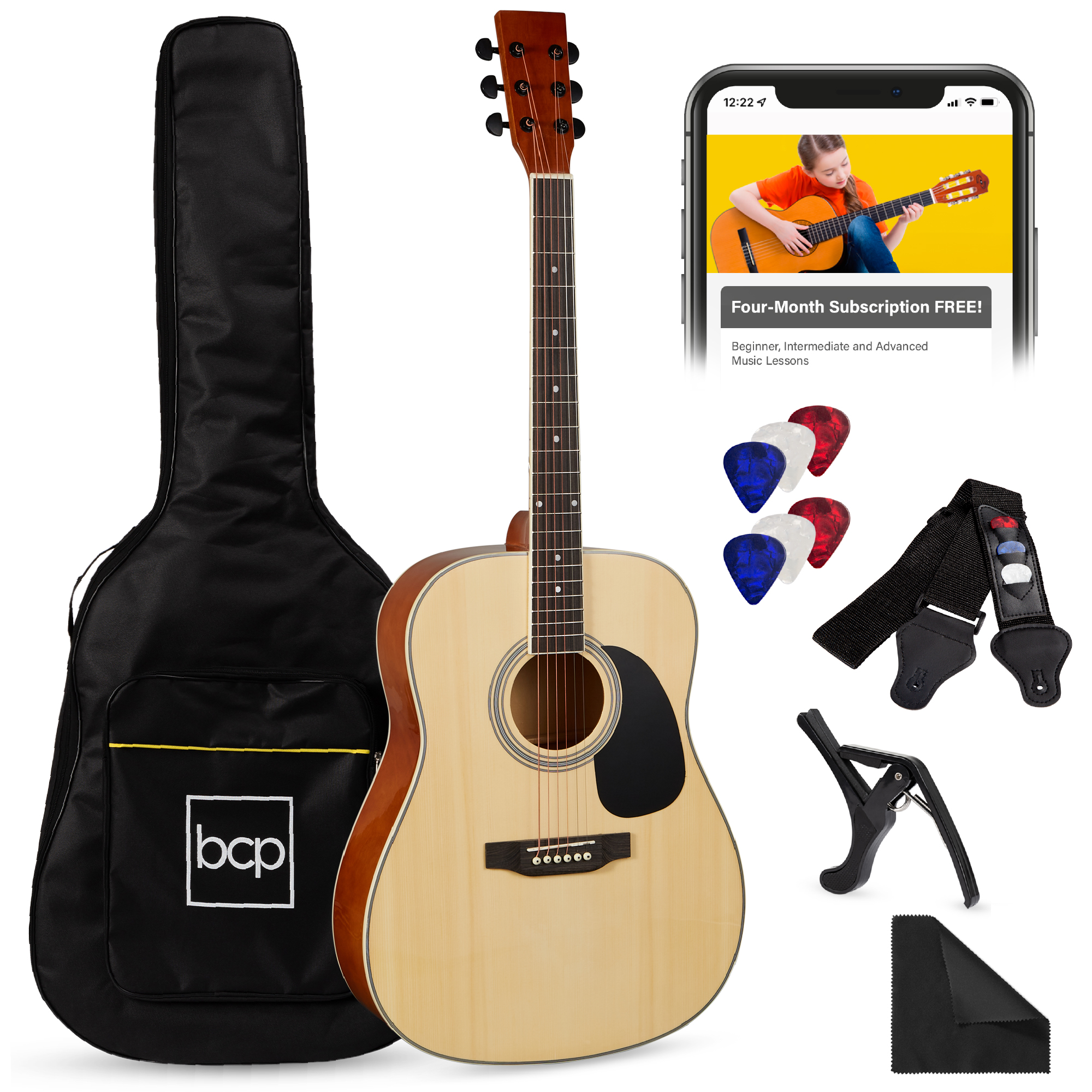 41in Full Size All-Wood Acoustic Guitar Starter Kit w/Gig Bag, E-Tuner, Pick, Strap, Rag - Natural - Best Choice Products Online