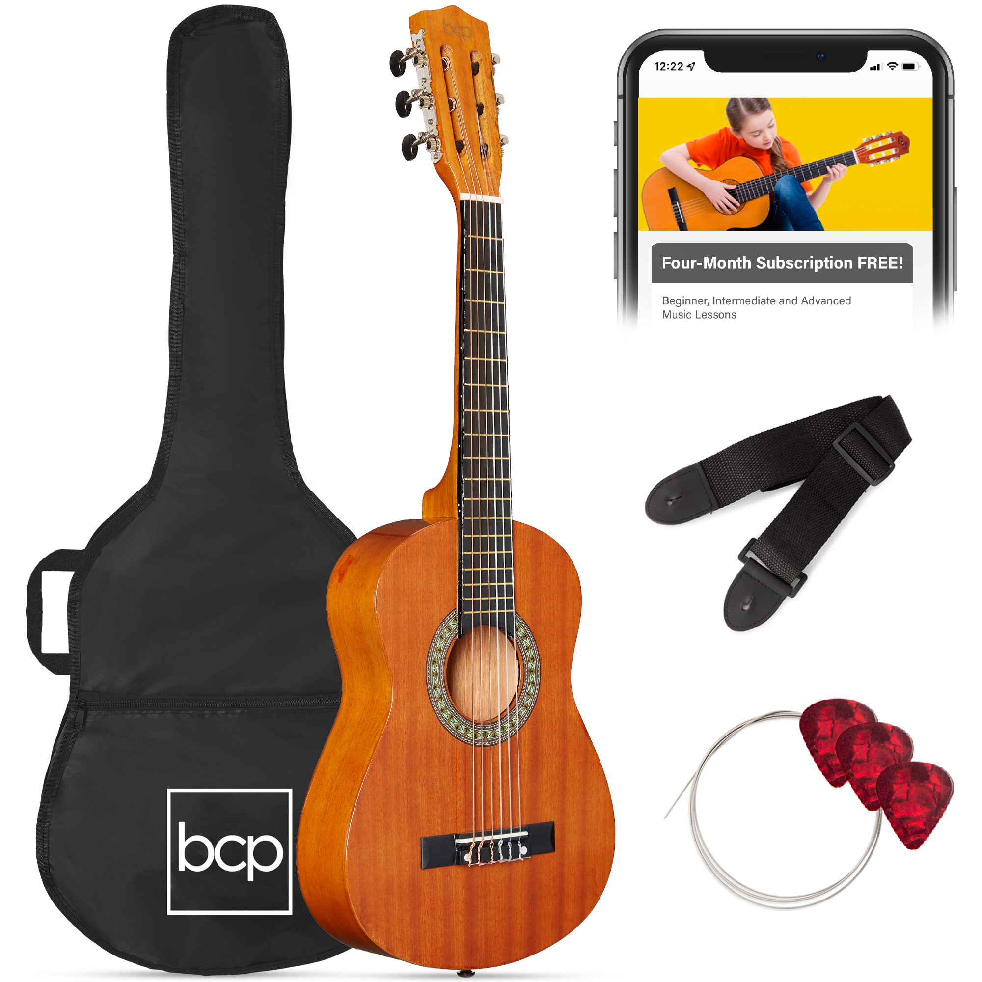 30in Kids Classical Acoustic Guitar Beginner Starter Kit with Tuner, Strap, Case, Strings - Natural Mahogany - Best Choice Products Online