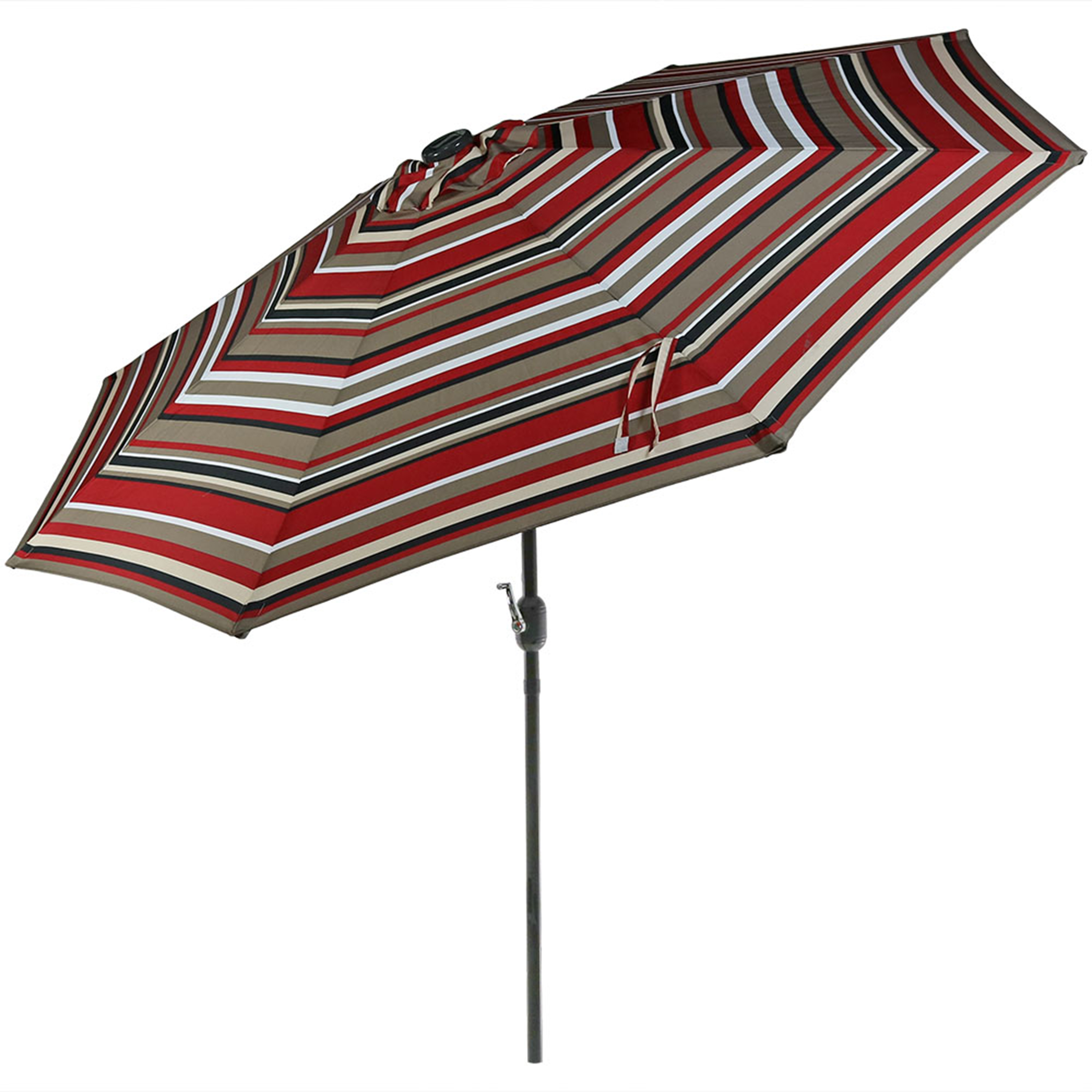 Sunnydaze Solar LED Lighted 9-Foot Aluminum Umbrella with Tilt & Crank, Awning Stripe