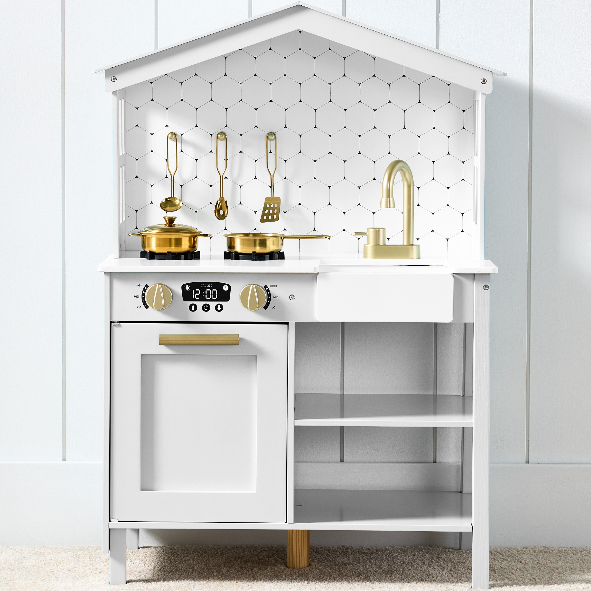 Farmhouse Wooden Play Kitchen Toy Set For Kids w/ Chalkboard, Storage Shelves, 5 Accessories - Beveled White - Best Choice Products Online