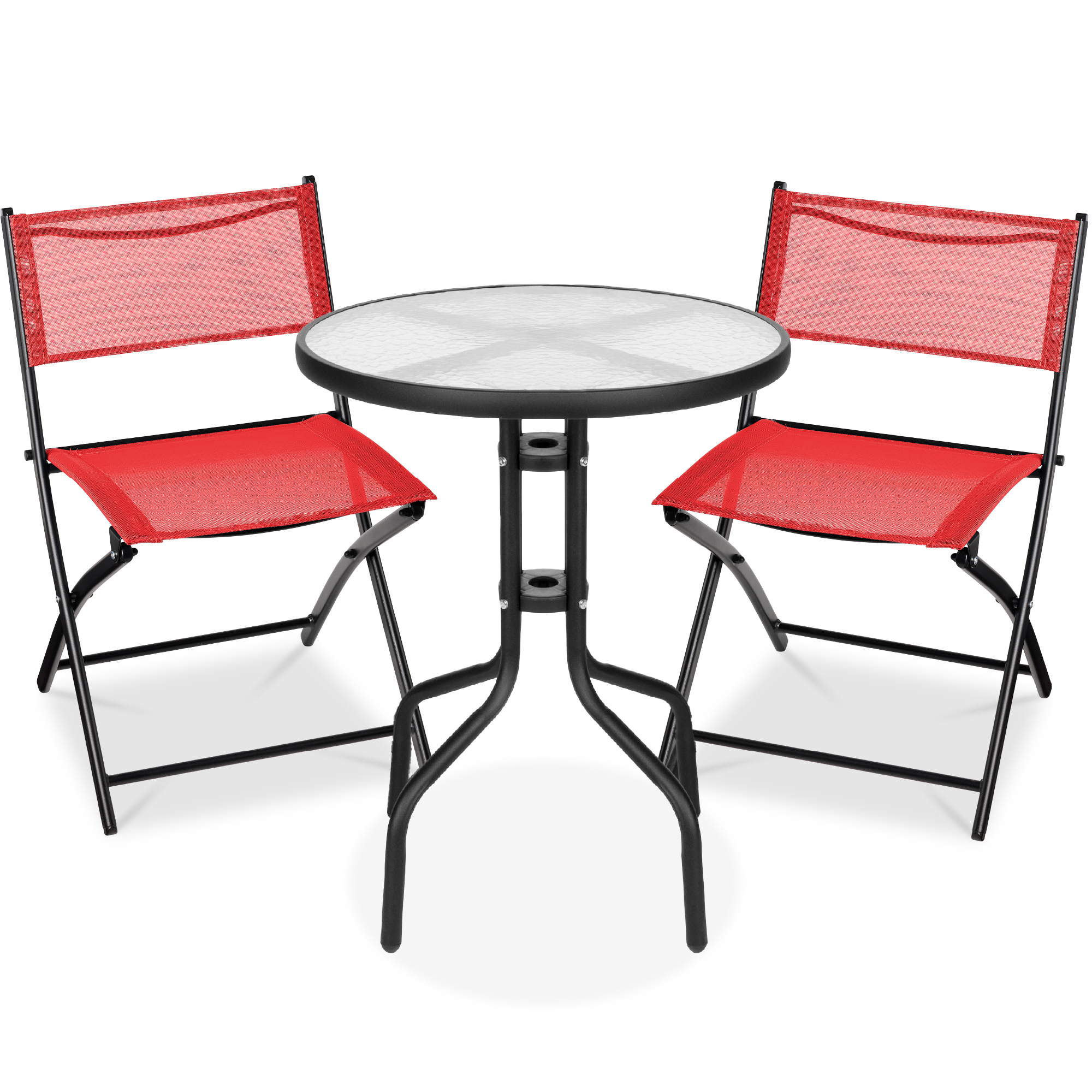 3-Piece Patio Bistro Dining Furniture Set w/ Glass Tabletop, Folding Chairs - Red - Best Choice Products Online