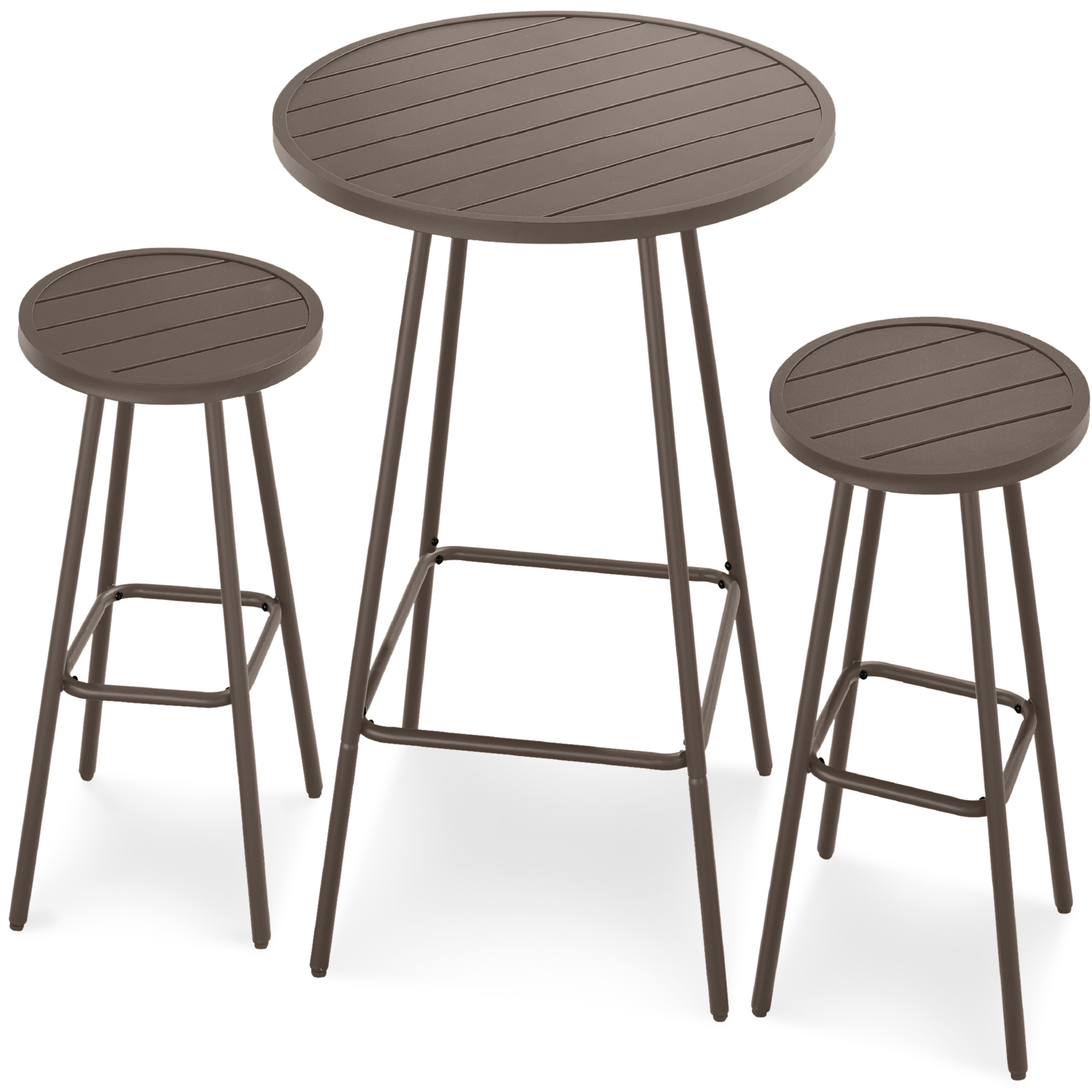 3-Piece Steel Patio Bar Height Round Bistro Set w/ Backless Stools, Slatted Design - Taupe - Best Choice Products Online