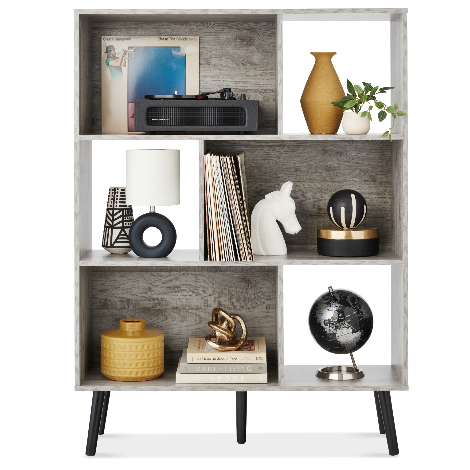 3-Tier Mid-Century Modern Wooden Bookcase w/ Removable Back Panels, Offset Pine Legs - Gray - Best Choice Products Online
