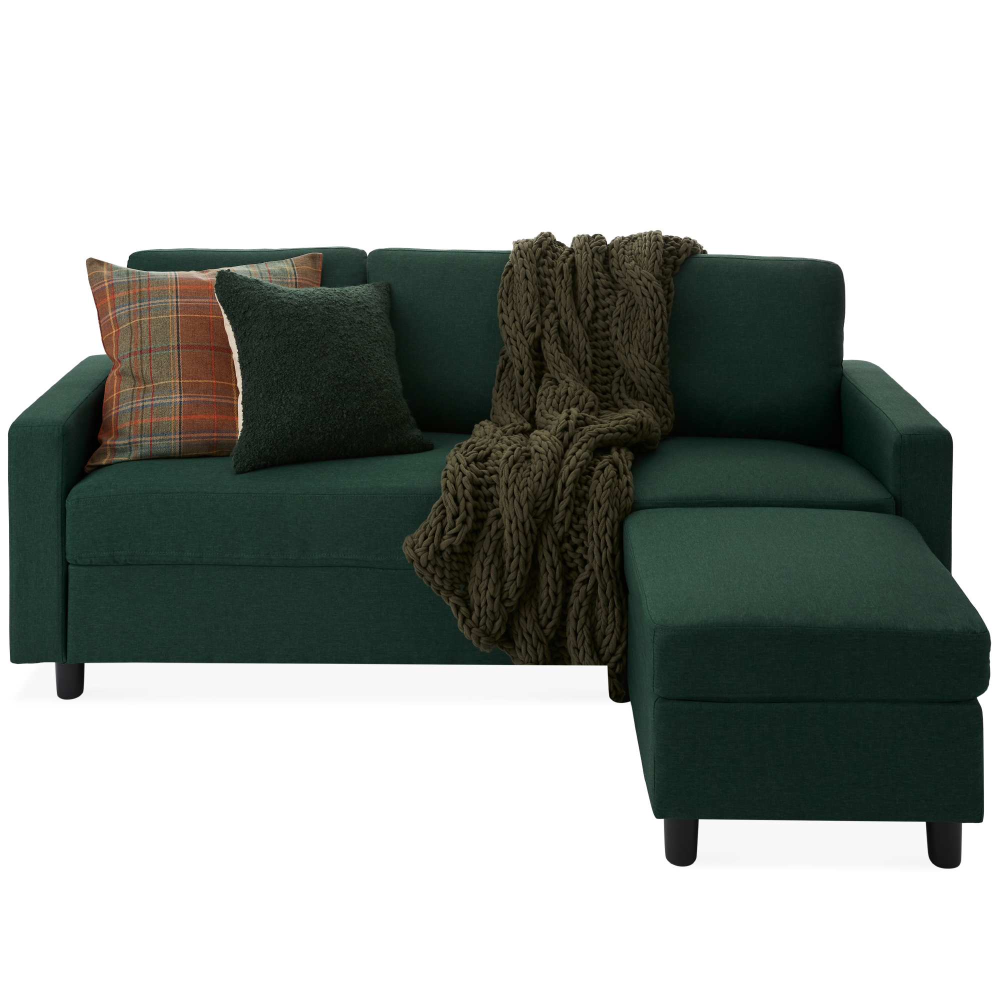 Upholstered Sectional Sofa Couch w/ Chaise Lounge, 3-Seat Design, Ottoman Bench - Dark Green - Best Choice Products Online