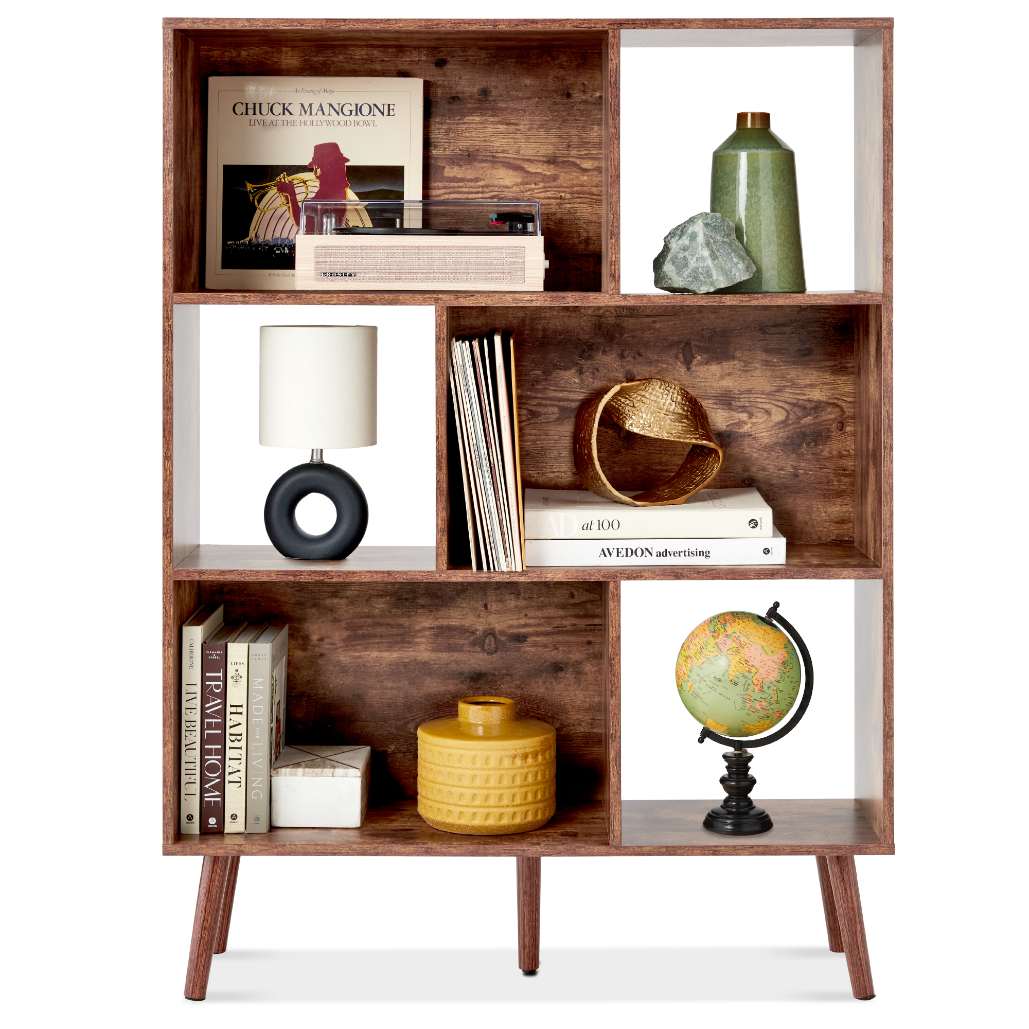 3-Tier Mid-Century Modern Wooden Bookcase w/ Removable Back Panels, Offset Pine Legs - Brown - Best Choice Products Online