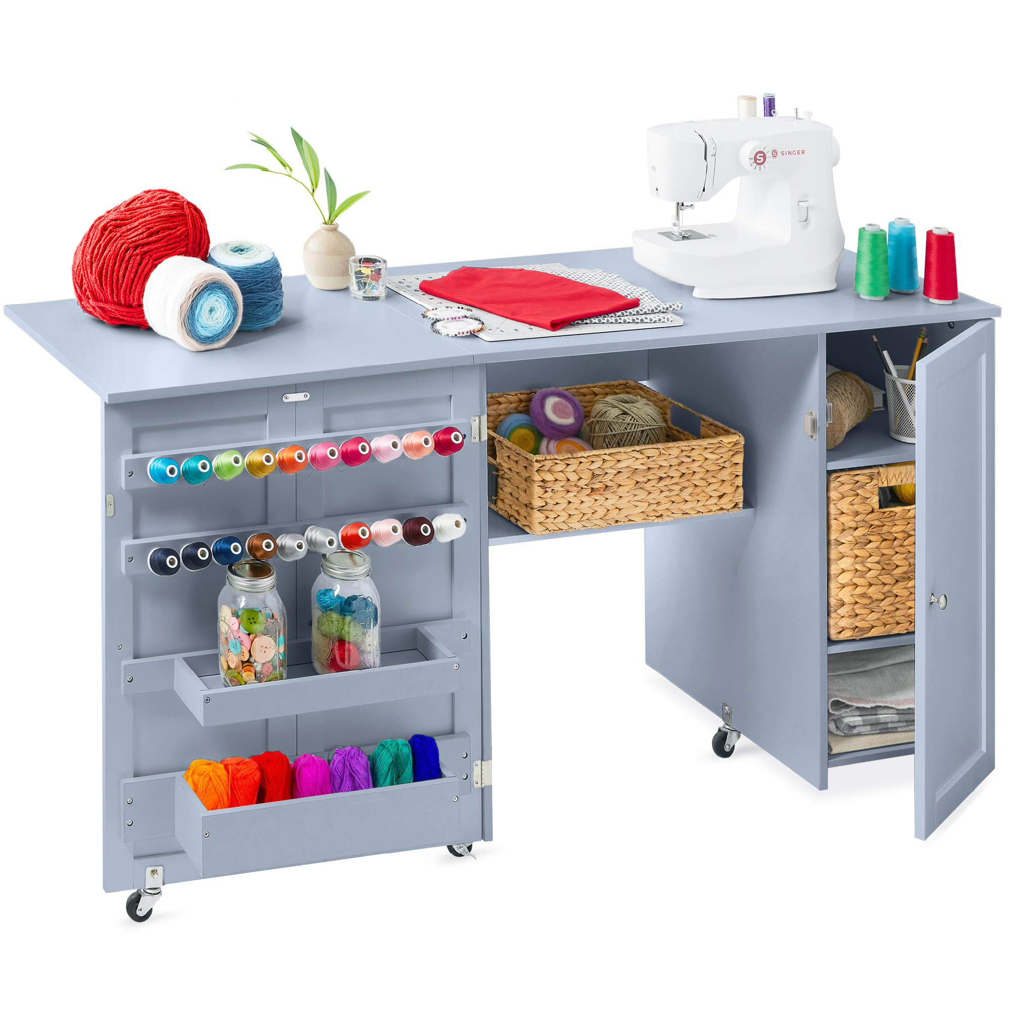 Large Portable Multipurpose Folding Sewing Table w/ Magnetic Doors, Craft Storage - Light Blue - Best Choice Products Online