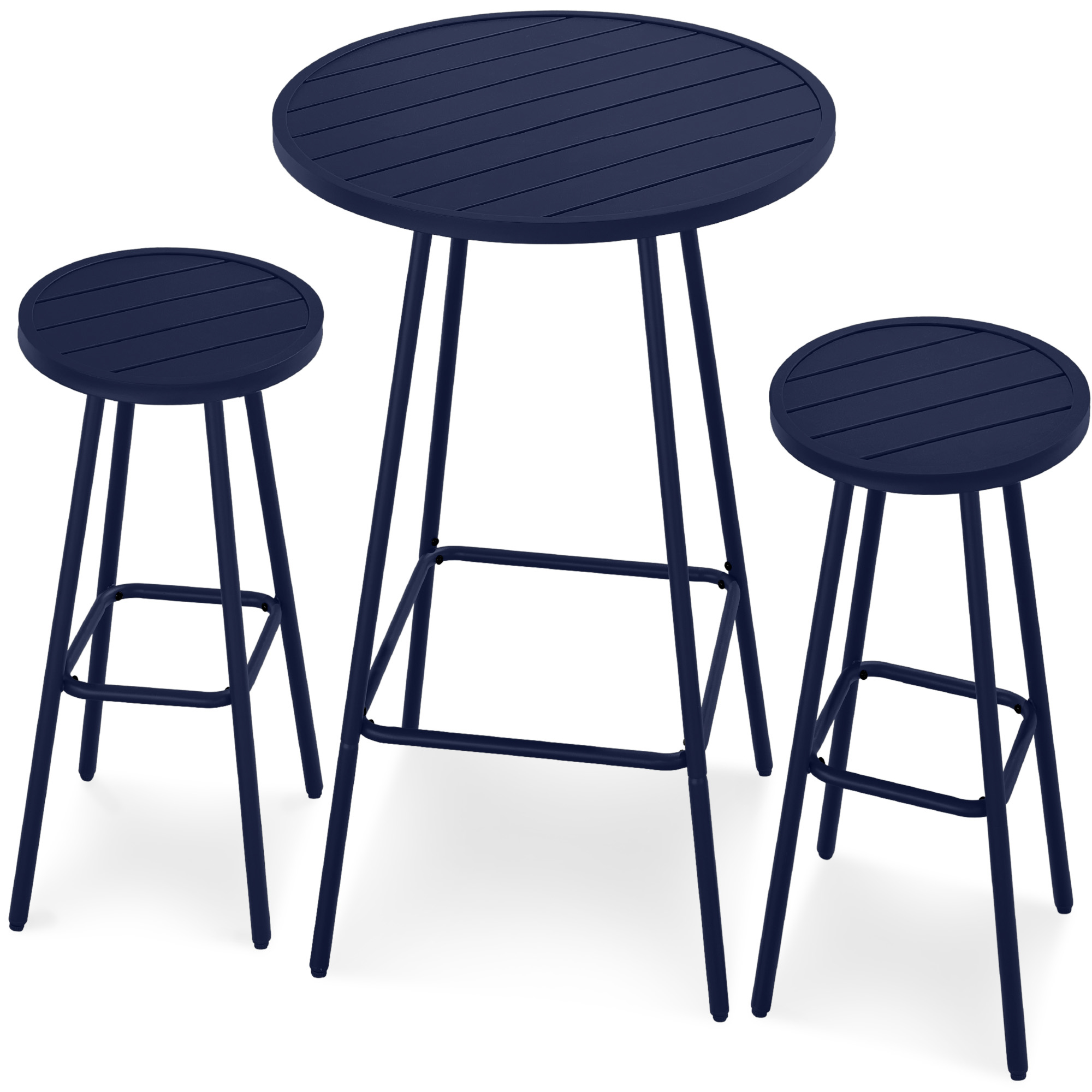 3-Piece Steel Patio Bar Height Round Bistro Set w/ Backless Stools, Slatted Design - Navy - Best Choice Products Online