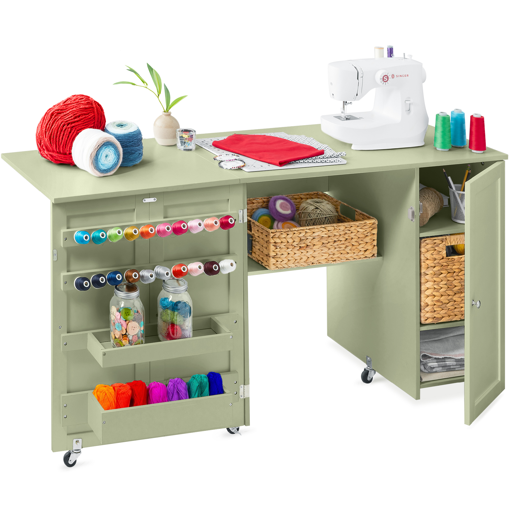 Large Portable Multipurpose Folding Sewing Table w/ Magnetic Doors, Craft Storage - Light Green - Best Choice Products Online