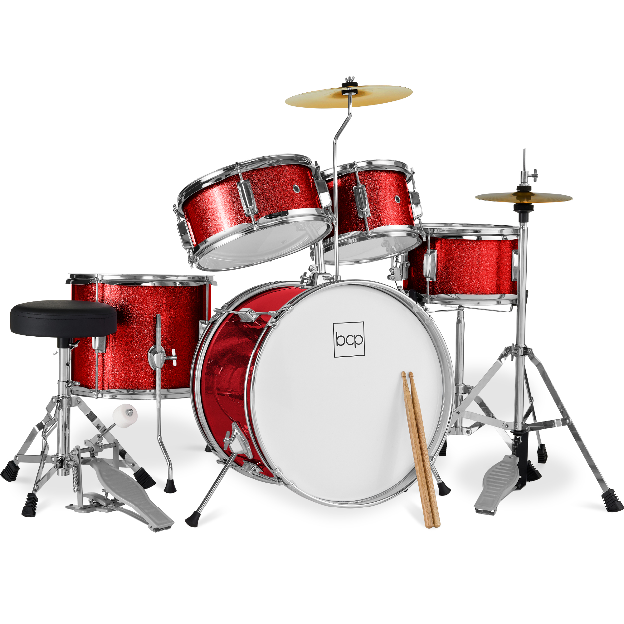 Best Choice Products 5-Piece Kids Beginner Junior Drum Set, Percussion Instrument Starter Kit w/ Stool - Red Sparkle