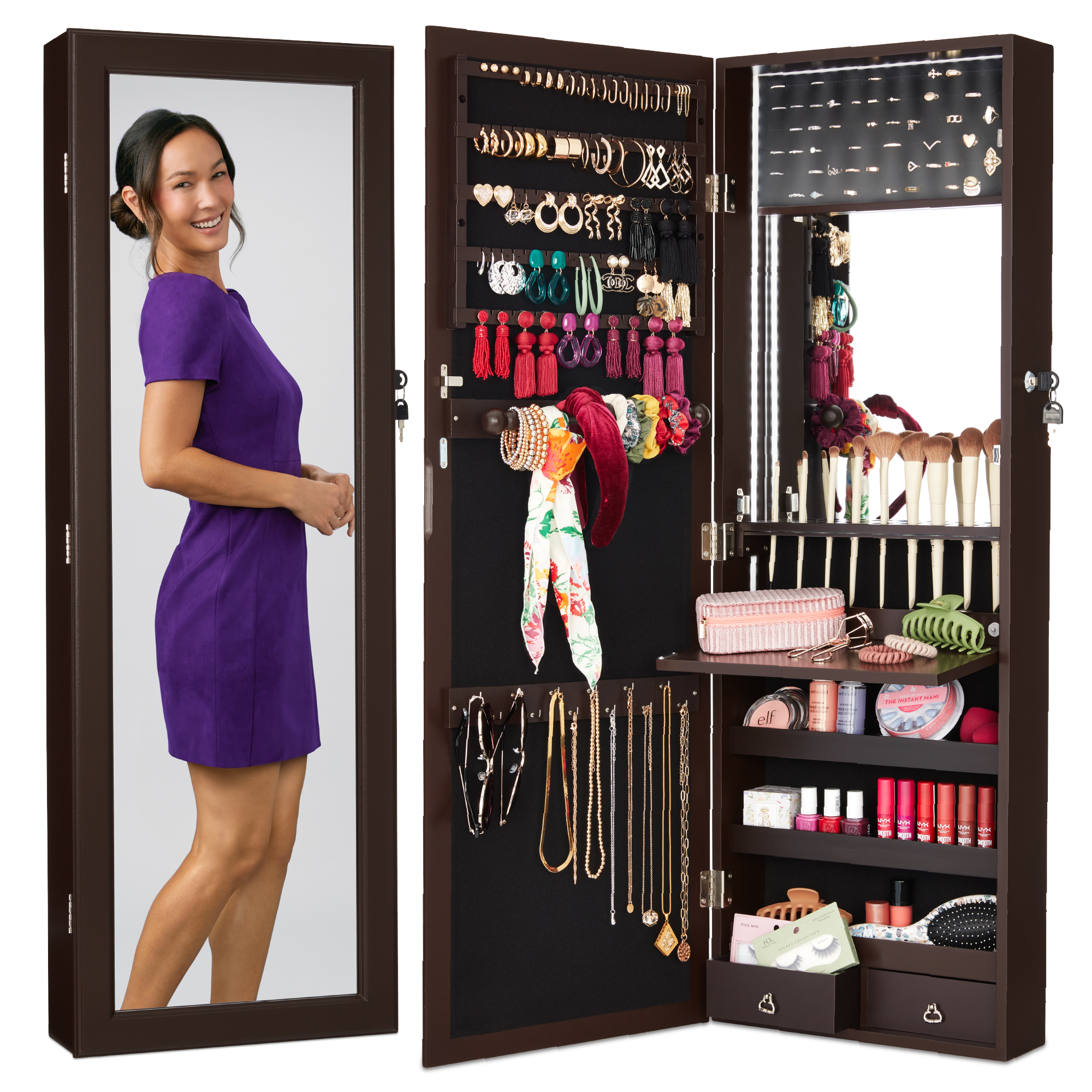 Wall & Door Mount Hanging Mirror Jewelry Armoire Cabinet w/ LED Lights, Cosmetics Tray, Lock - Espresso - Best Choice Products Online